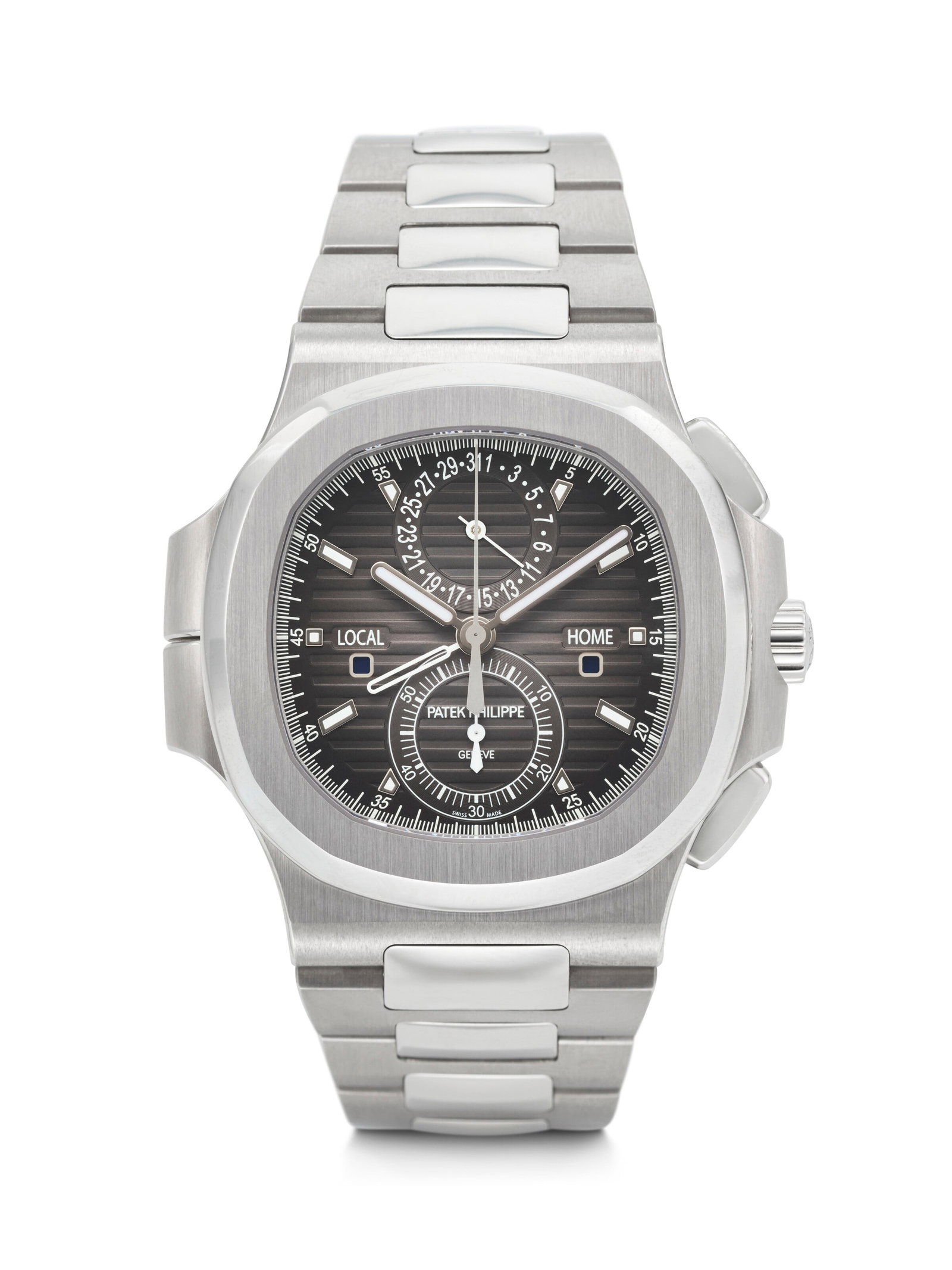 PATEK PHILIPPE. A COVETED AND SPORTY STAINLESS STEEL AUTOMATIC FLYBACK CHRONOGRAPH DUAL TIME: PATEK PHILIPPE. A COVETED AND SPORTY STAINLESS STEEL AUTOMATIC FLYBACK CHRONOGRAPH DUAL TIME WRISTWATCH WITH DAY/NIGHT INDICATORS, DATE AND BRACELET NAUTILUS 'TRAVEL TIME' MODEL, REF. 5990/1A-001, MOV