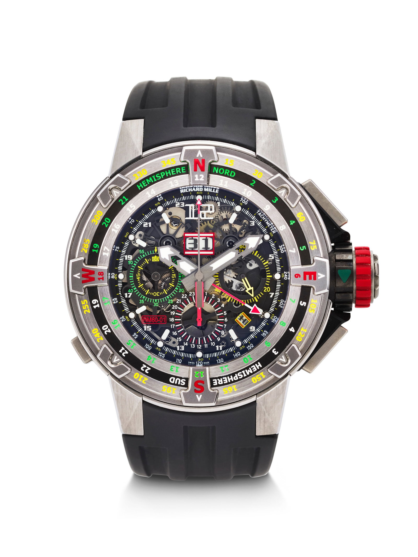 RICHARD MILLE. A SPORTY AND LARGE TITANIUM AUTOMATIC DUAL TIME FLYBACK CHRONOGRAPH ANNUAL CALENDAR (1 of 4)