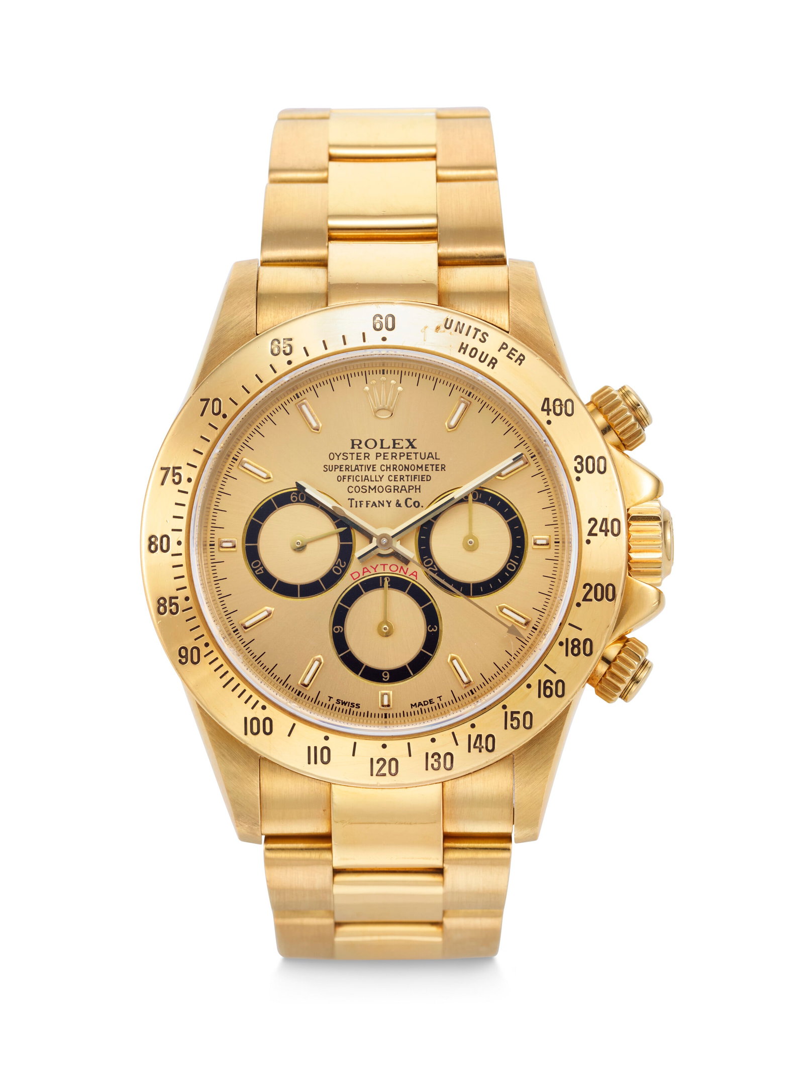 ROLEX. AN EXTREMELY RARE AND COVETED 18K GOLD AUTOMATIC CHRONOGRAPH WRISTWATCH WITH BRACELET,: ROLEX. AN EXTREMELY RARE AND COVETED 18K GOLD AUTOMATIC CHRONOGRAPH WRISTWATCH WITH BRACELET, RETAILED BY TIFFANY & CO. DAYTONA ‘ZENITH’ MODEL, RETAILED BY TIFFANY & CO., REF. 16528, CASE 