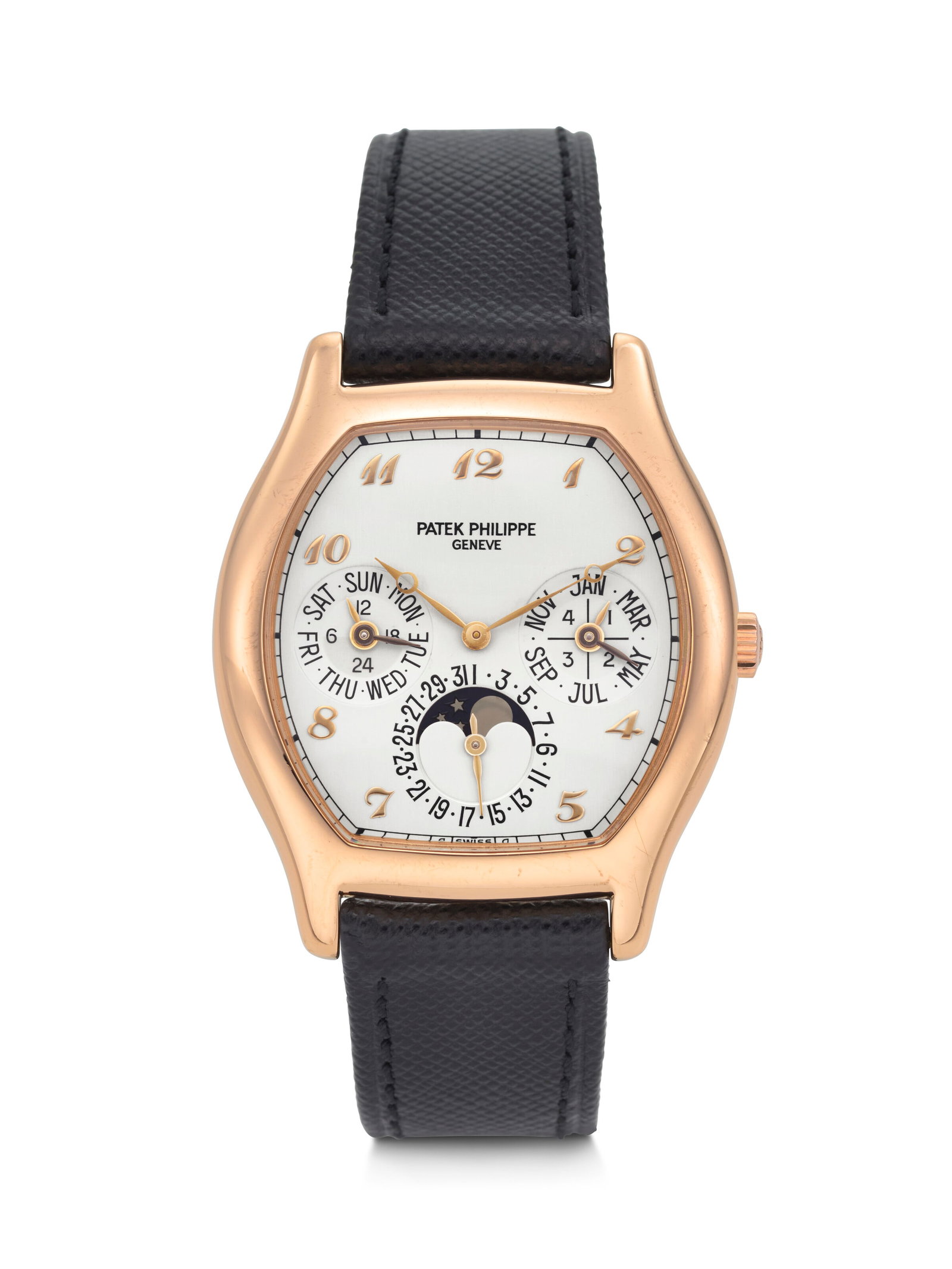 PATEK PHILIPPE. A RARE AND UNUSUAL 18K PINK GOLD AUTOMATIC TONNEAU-SHAPED PERPETUAL CALENDAR: PATEK PHILIPPE. A RARE AND UNUSUAL 18K PINK GOLD AUTOMATIC TONNEAU-SHAPED PERPETUAL CALENDAR WRISTWATCH WITH MOON PHASES, 24-HOURS AND LEAP YEAR INDICATION PERPETUAL CALENDAR MODEL, REF. 5040R-017, MO