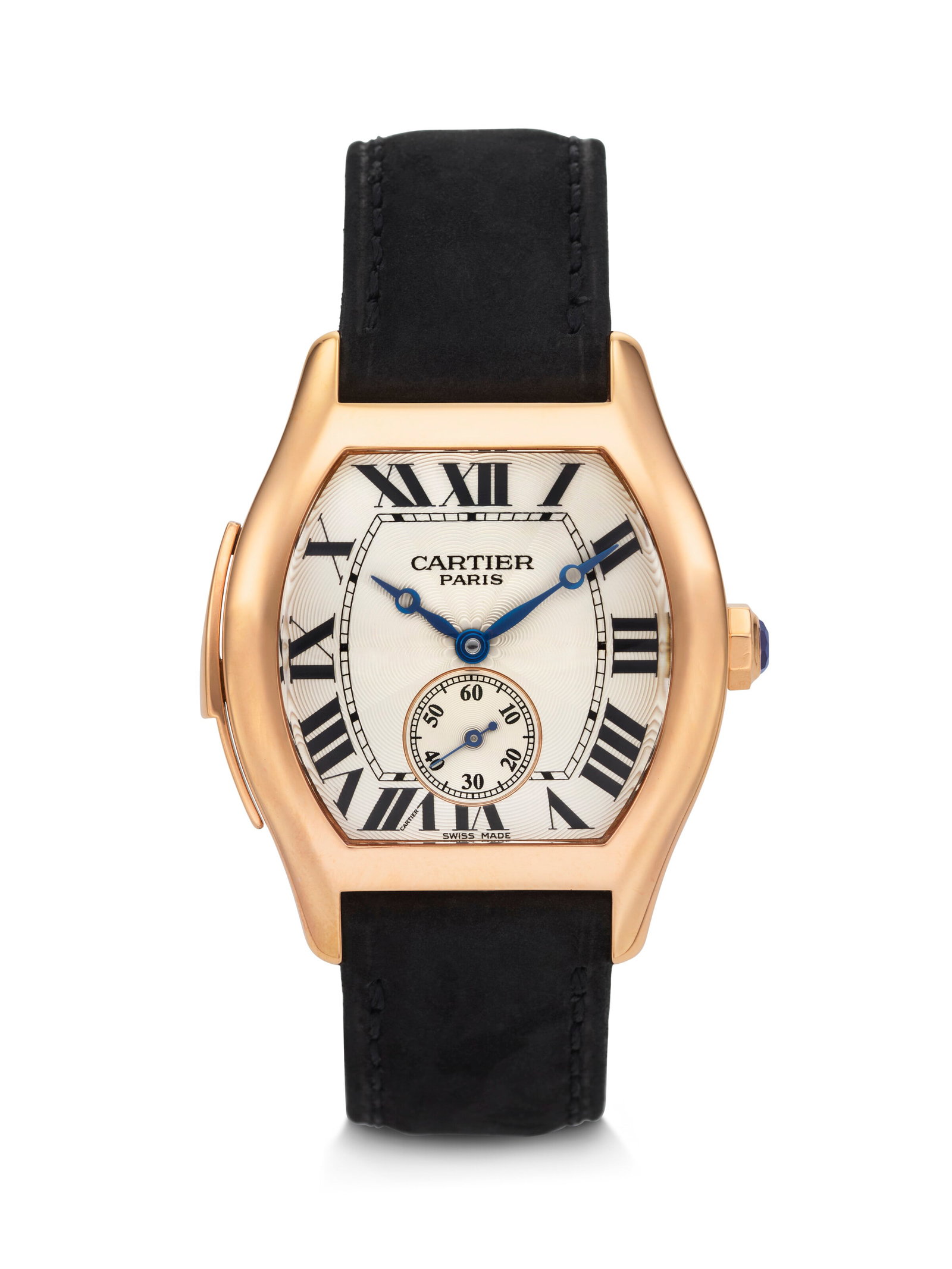 CARTIER. A HIGHLY RARE AND CHARMING 18K PINK GOLD LIMITED EDITION MINUTE REPEATING TONNEAU-SHAPED (1 of 4)