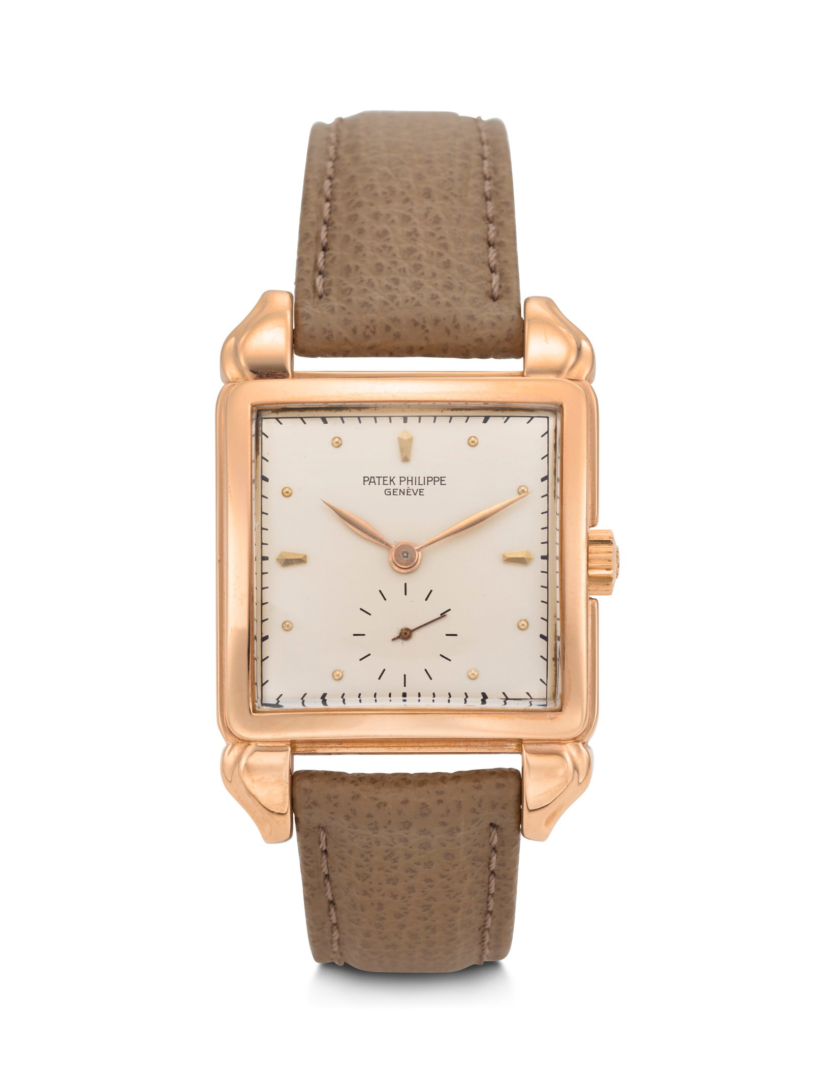 PATEK PHILIPPE. AN ELEGANT AND OVERSIZED 18K PINK GOLD CUSHION-SHAPED WRISTWATCH WITH 'FLAME' LUGS (1 of 4)