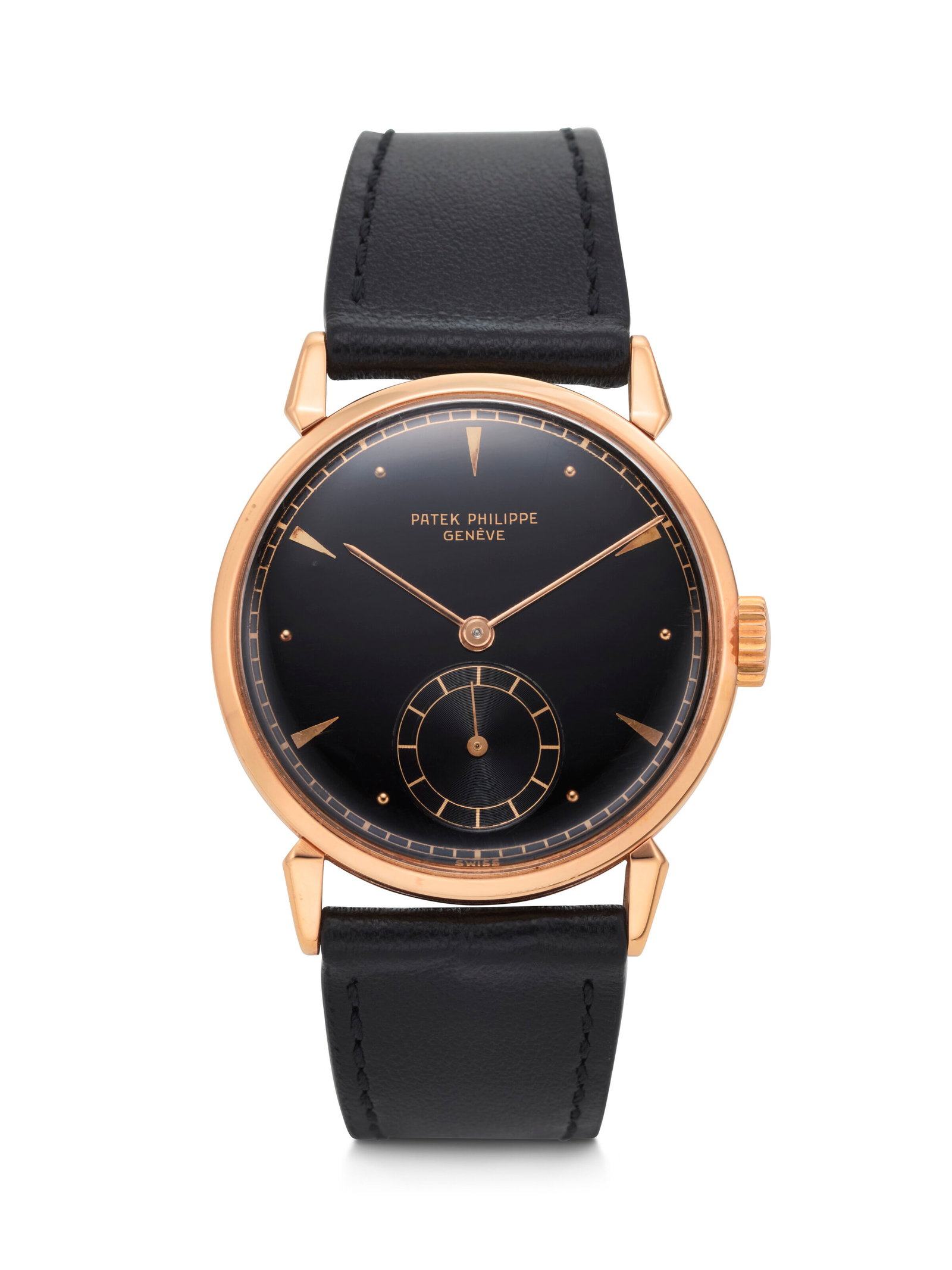 PATEK PHILIPPE. A VERY RARE AND ATTRACTIVE 18K PINK GOLD WRISTWATCH WITH BLACK DIAL AND 'SPIDER' (1 of 4)