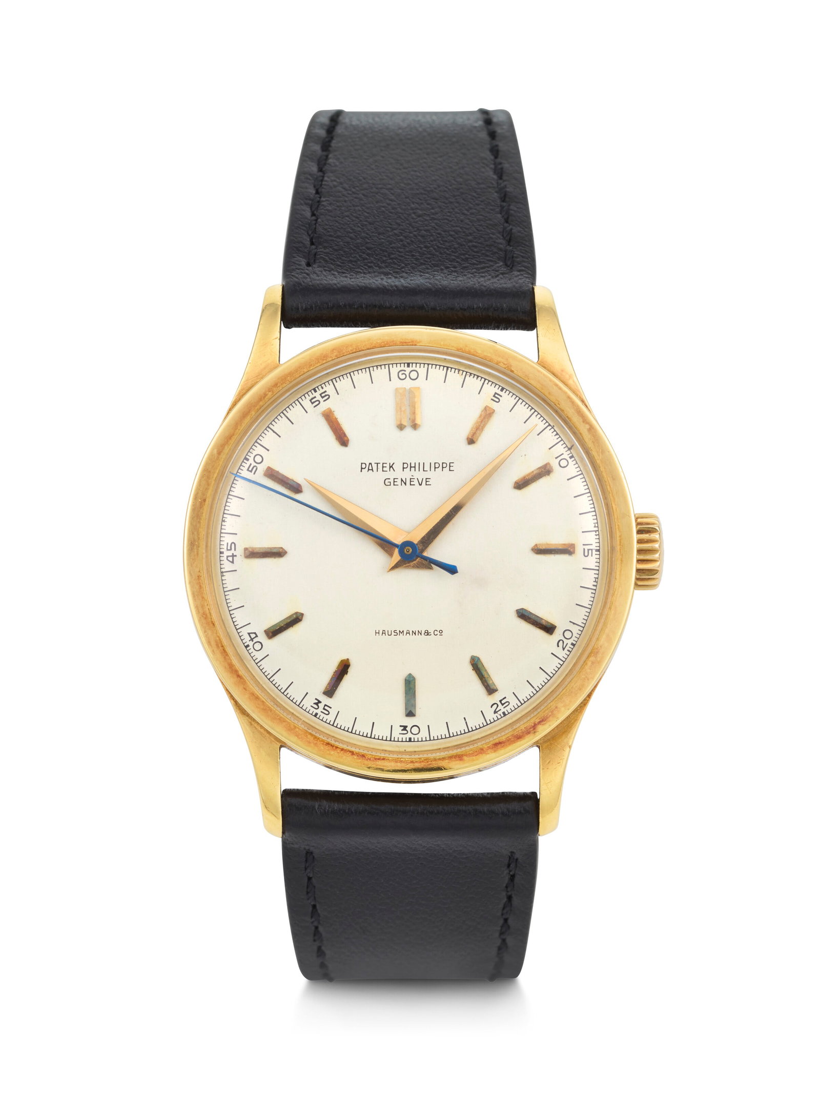 PATEK PHILIPPE, RETAILED BY HAUSMANN & CO. A HISTORICALLY NOTABLE 18K GOLD WRISTWATCH WITH SWEEP (1 of 4)
