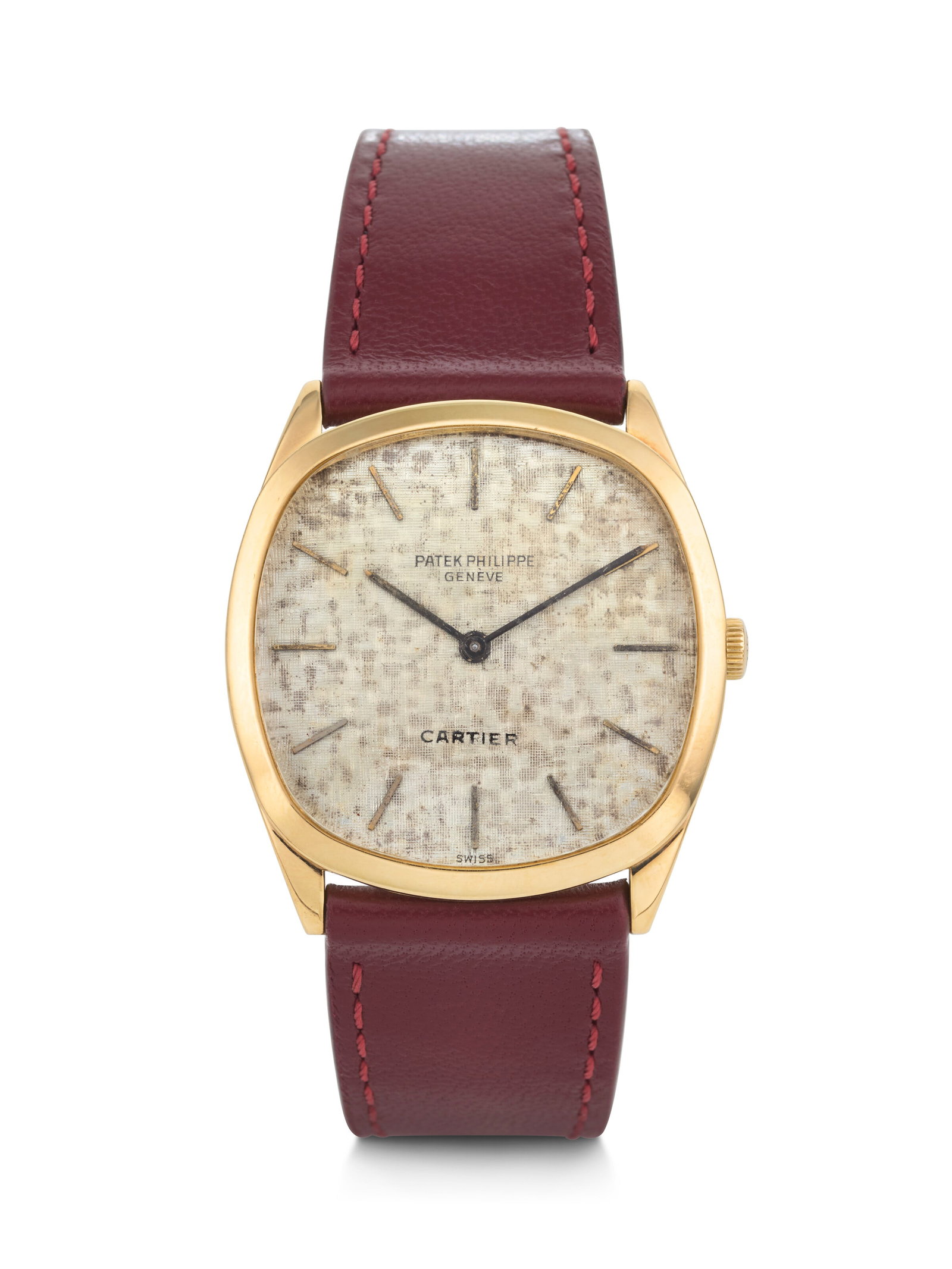 PATEK PHILIPPE. A VERY RARE AND UNUSUAL 18K GOLD CUSHION-SHAPED WRISTWATCH WITH 'LINEN' DIAL,: PATEK PHILIPPE. A VERY RARE AND UNUSUAL 18K GOLD CUSHION-SHAPED WRISTWATCH WITH 'LINEN' DIAL, RETAILED BY CARTIER GOLDEN CIRCLE MODEL, REF. 3544, MOVEMENT NO. 1’143’451, CASE NO. 2’6