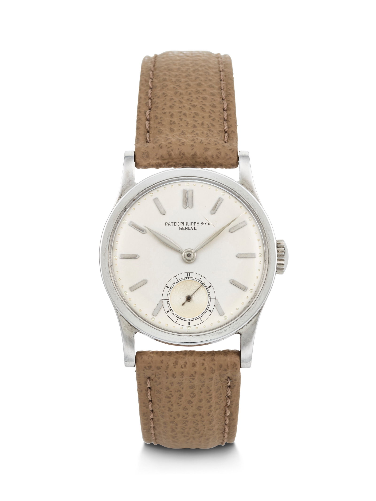 PATEK PHILIPPE. AN EARLY AND ATTRACTIVE STAINLESS STEEL WRISTWATCH WITH SUBSIDIARY SECONDS (1 of 3)