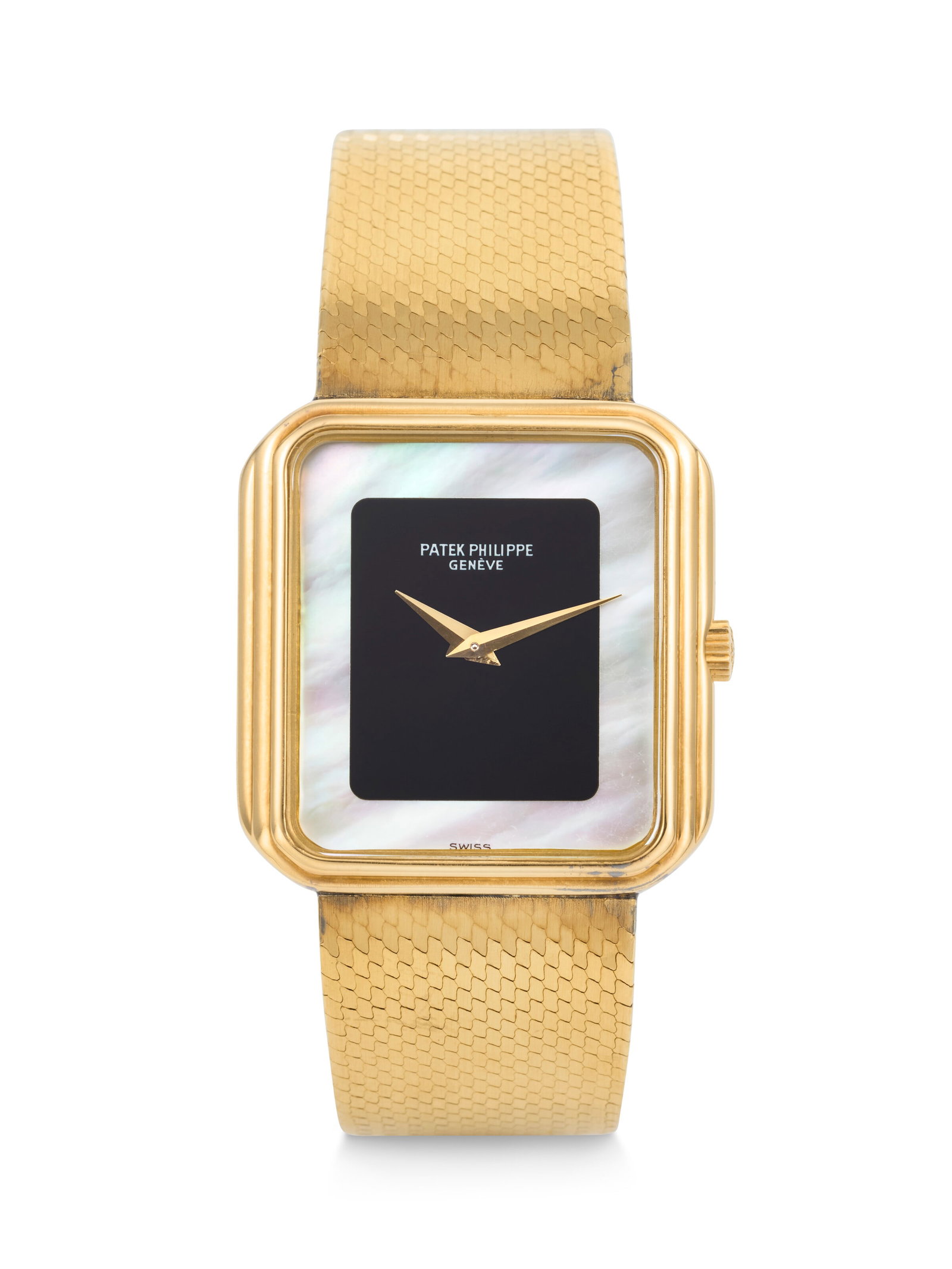 PATEK PHILIPPE. A VERY RARE AND STUNNING 18K GOLD RECTANGULAR-SHAPED BRACELET WATCH WITH ONYX AND: PATEK PHILIPPE. A VERY RARE AND STUNNING 18K GOLD RECTANGULAR-SHAPED BRACELET WATCH WITH ONYX AND MOTHER OF PEARL DIAL GONDOLO MODEL, REF. 3859⁄1, MOVEMENT NO. 1’368’407, CASE NO. 2&