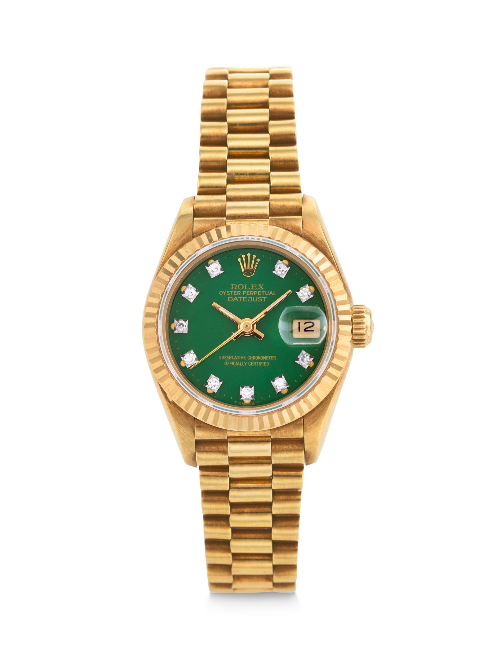 ROLEX. A VERY RARE AND EYE-CATCHING 18K GOLD AUTOMATIC WRISTWATCH WITH DATE, BRACELET, AND GREEN: ROLEX. A VERY RARE AND EYE-CATCHING 18K GOLD AUTOMATIC WRISTWATCH WITH DATE, BRACELET, AND GREEN 'STELLA' DIAMOND DIAL DATEJUST ‘STELLA’ MODEL, REF. 69178, CASE NO. E595888, CIRCA 1990 Det