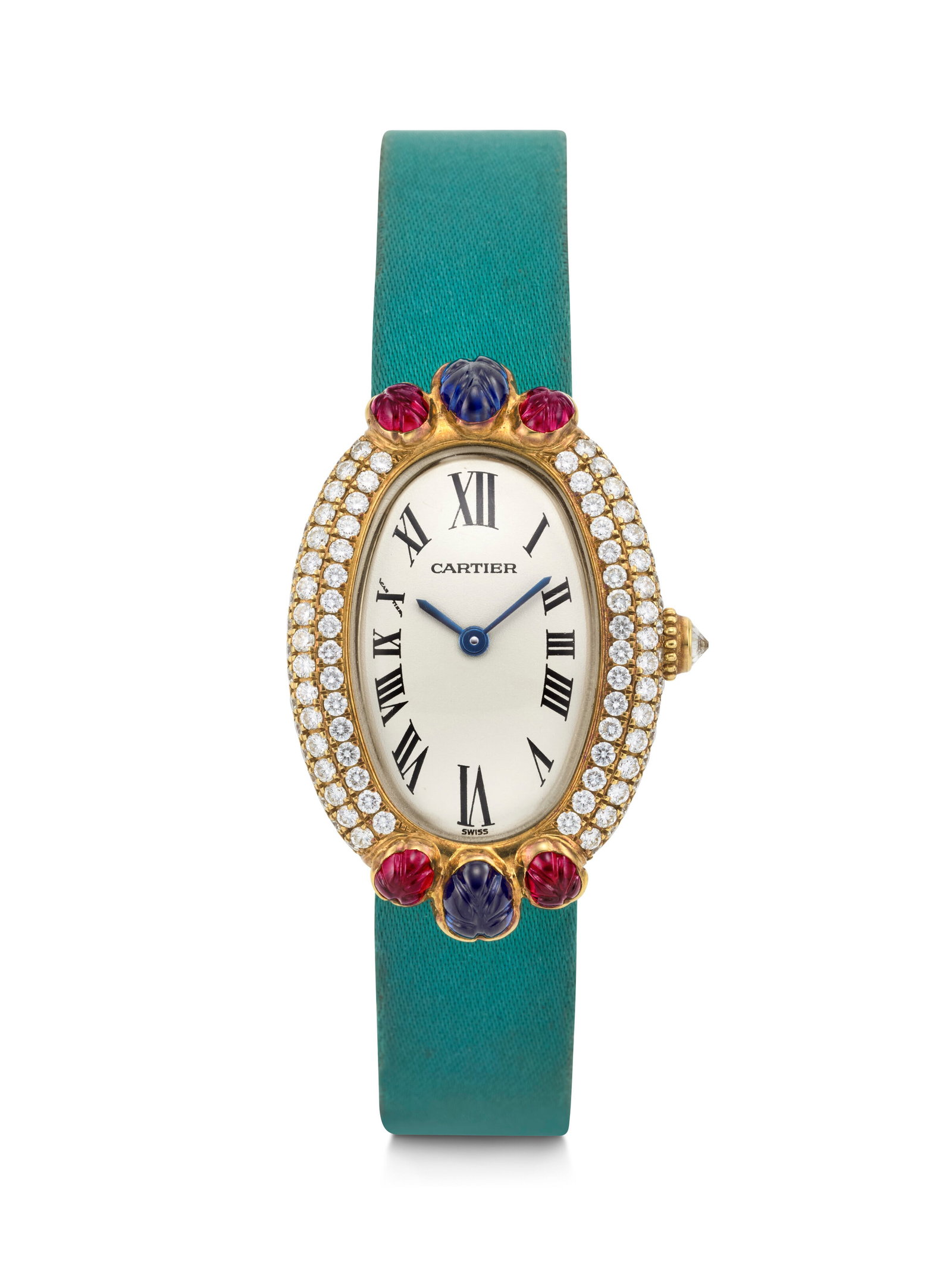CARTIER. A RARE AND ELEGANT 18K GOLD, DIAMOND, RUBY AND BLUE SAPPHIRE-SET QUARTZ OVAL-SHAPED: CARTIER. A RARE AND ELEGANT 18K GOLD, DIAMOND, RUBY AND BLUE SAPPHIRE-SET QUARTZ OVAL-SHAPED WRISTWATCH BAIGNOIRE ‘TUTTI FRUTTI’ MODEL, REF. 1950-1, CASE NO. C31227, CIRCA 1990s Details CA