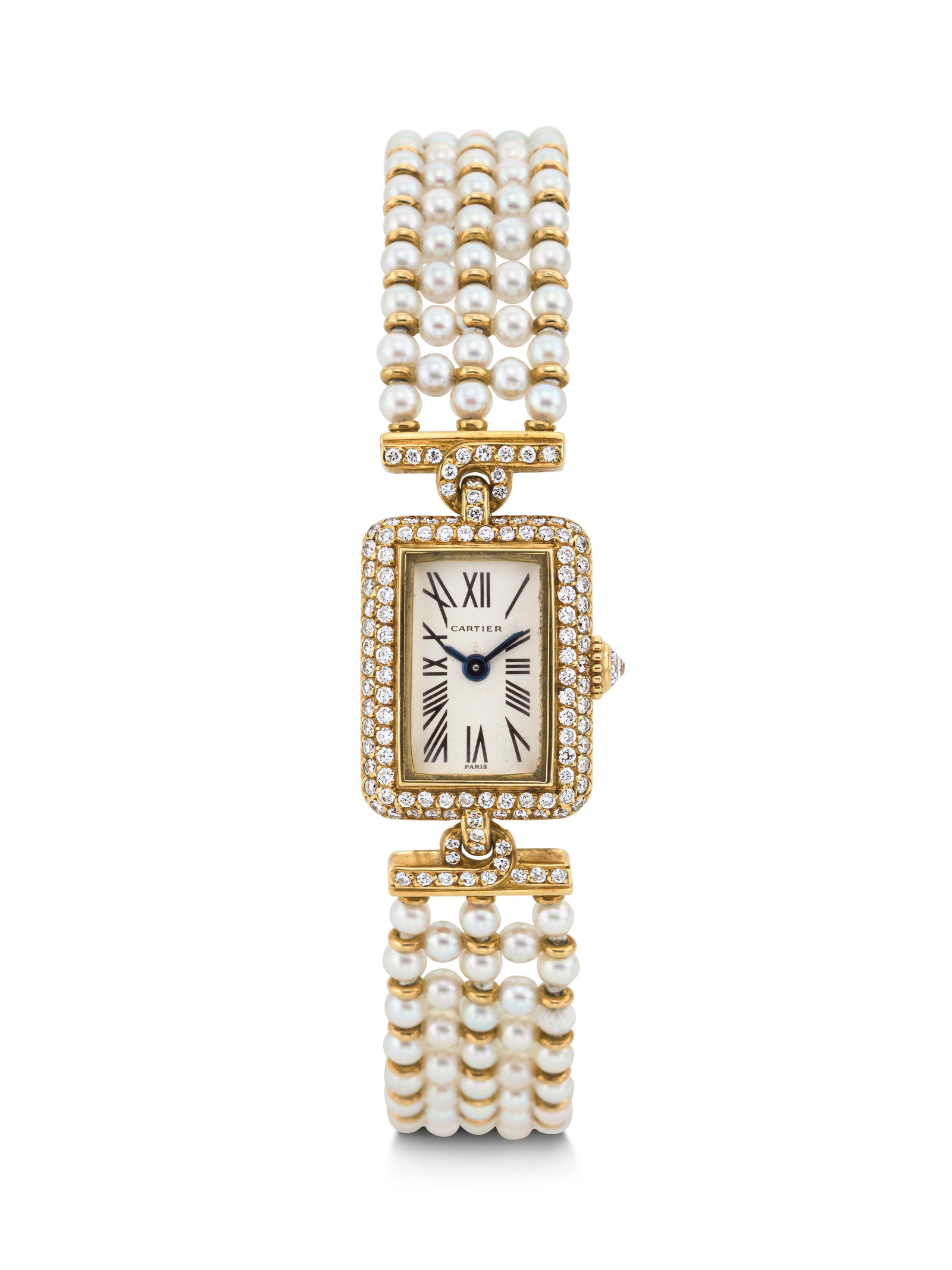 CARTIER. AN ELEGANT AND OPULENT 18K GOLD AND DIAMOND-SET BRACELET WATCH WITH INTERGRATED DIAMOND AND: CARTIER. AN ELEGANT AND OPULENT 18K GOLD AND DIAMOND-SET BRACELET WATCH WITH INTERGRATED DIAMOND AND PEARL BRACELET CARTIER PARIS MODEL, CASE NO. A101897, CASE NO. 28, CIRCA 1970s Details CARTIER. AN 