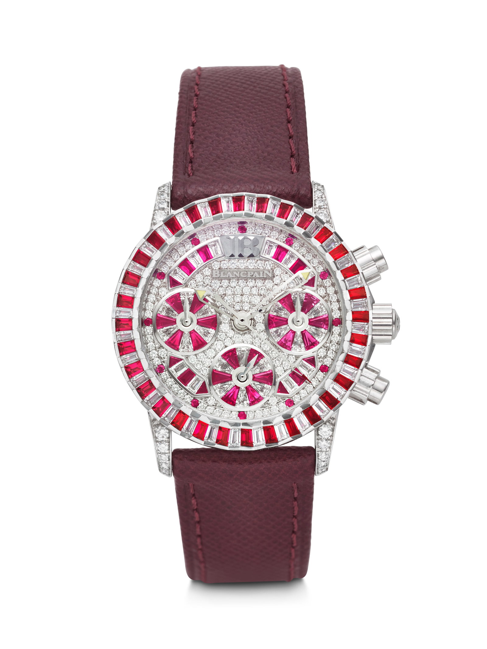 BLANCPAIN. A DAZZLING AND UNIQUE 18K WHITE GOLD, BAGUETTE DIAMOND AND PINK SAPPHIRE-SET AUTOMATIC: BLANCPAIN. A DAZZLING AND UNIQUE 18K WHITE GOLD, BAGUETTE DIAMOND AND PINK SAPPHIRE-SET AUTOMATIC CHRONOGRAPH WRISTWATCH WITH DIAMOND-SET BUCKLE UNIQUE PIECE LEMAN MODEL, CIRCA 2000s Details BLANCPAIN
