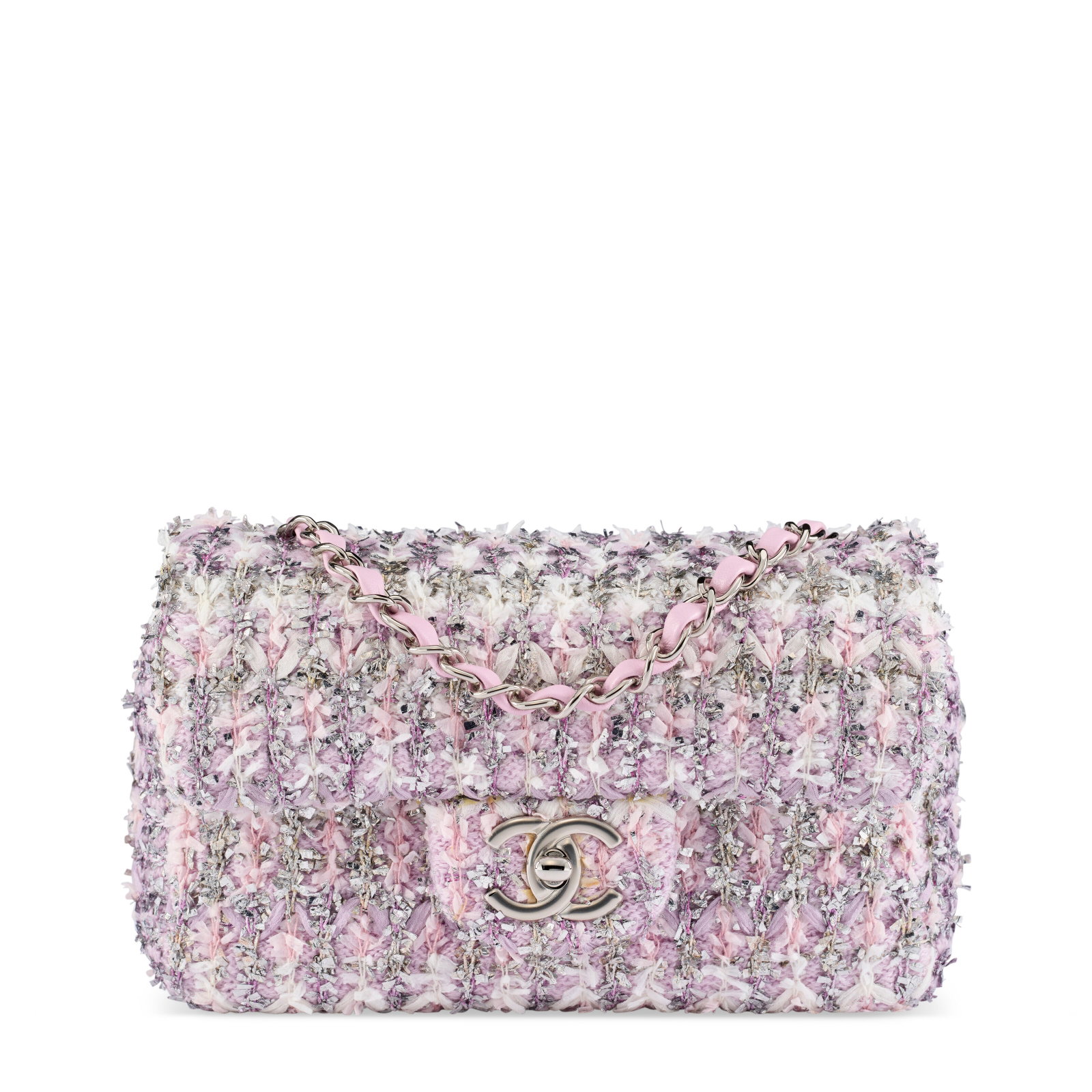 A LILAC, PINK & METALLIC SILVER CLASSIC MINI RECTANGULAR FLAP BAG WITH SILVER HARDWARE CHANEL, 2018: Details GRADE: 1.5 19 w x 11 h x 5 d cm Includes authenticity card and Christie's dust bag.
