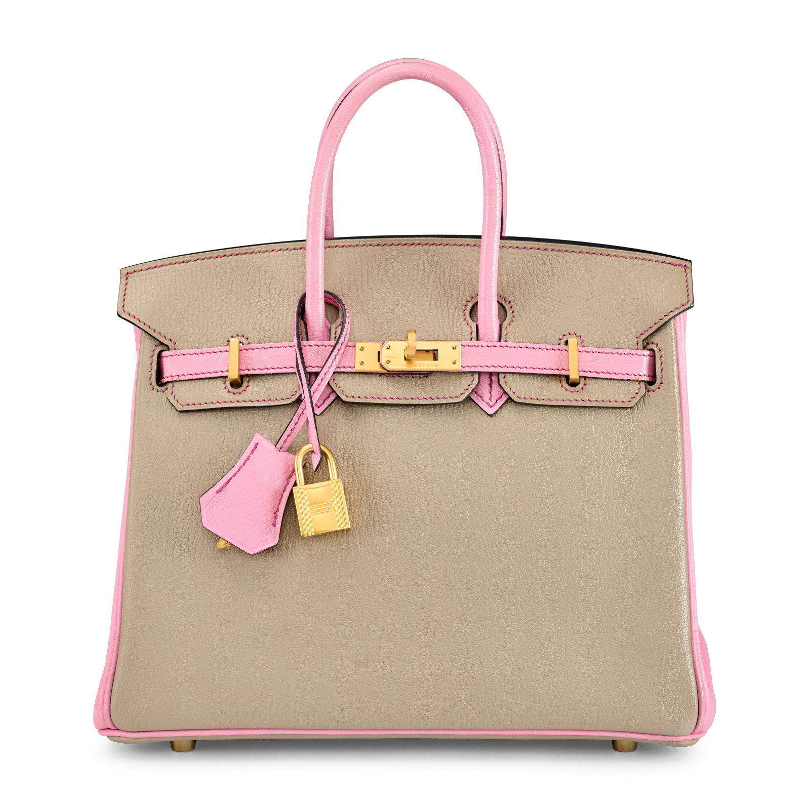 A CUSTOM GRIS TOURTELLE & 5P BUBBLEGUM PINK CHÈVRE LEATHER BIRKIN 25 WITH BRUSHED GOLD HARDWARE (1 of 4)
