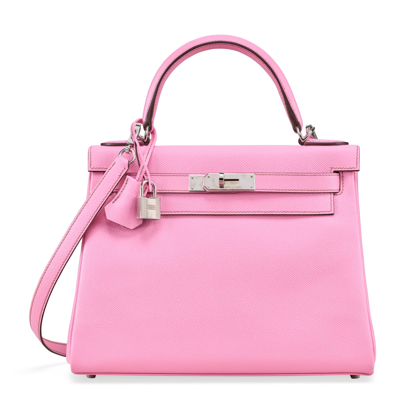 A RARE 5P BUBBLEGUM PINK EPSOM LEATHER RETOURNÉ KELLY 28 WITH PALLADIUM HARDWARE HERMÈS,: Details GRADE: 1.5 28 w x 20 h x 10 d cm Includes lock, keys, clochette, shoulder strap, rain protector and Christie's dustbag.