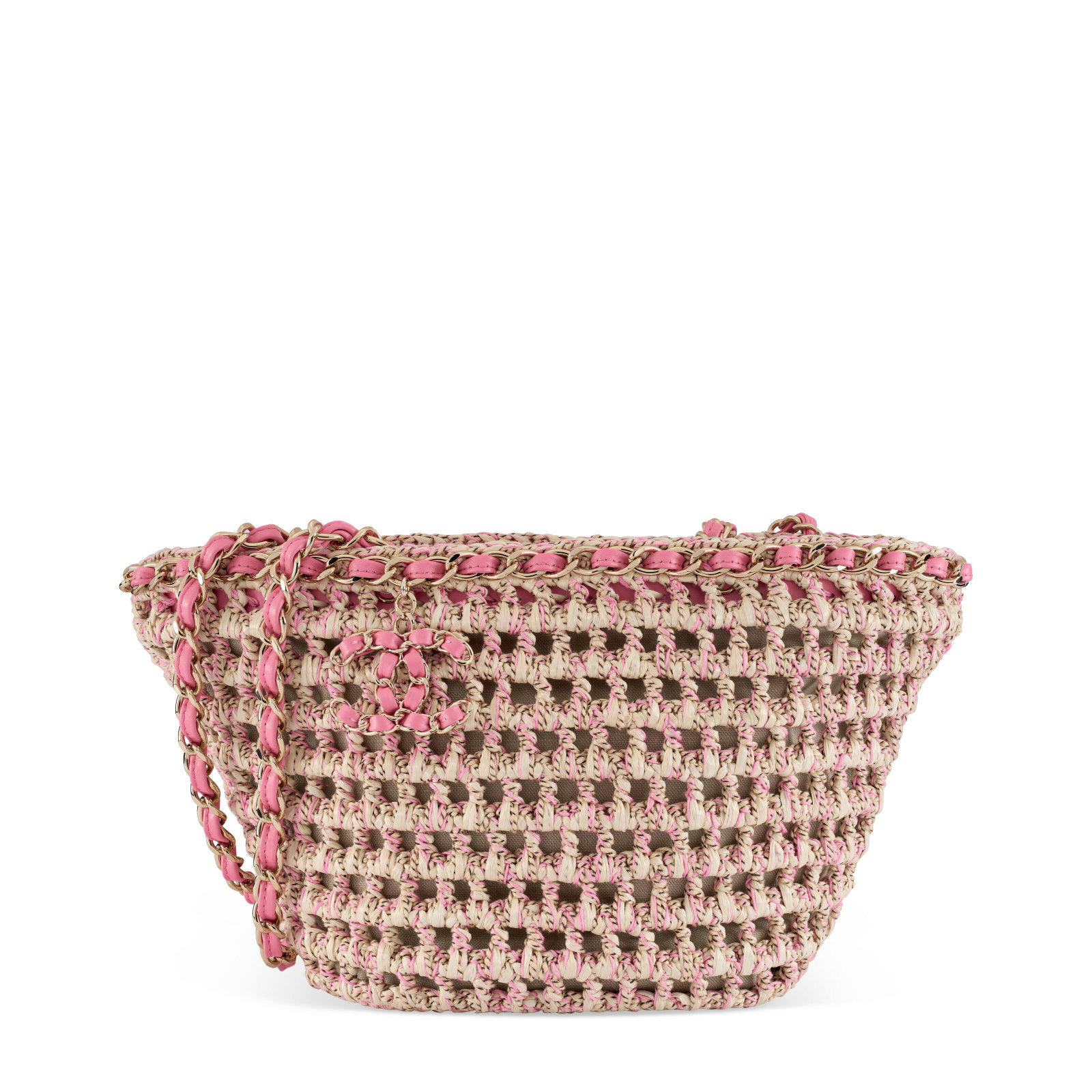 A NATURAL RAFFIA & PINK ROPE SMALL SHOPPING TOTE WTH GOLD HARDWARE CHANEL, SPRING 2023: Details GRADE: 1.5 21 w x 19 h x 10 d cm Includes Christie's dust bag.