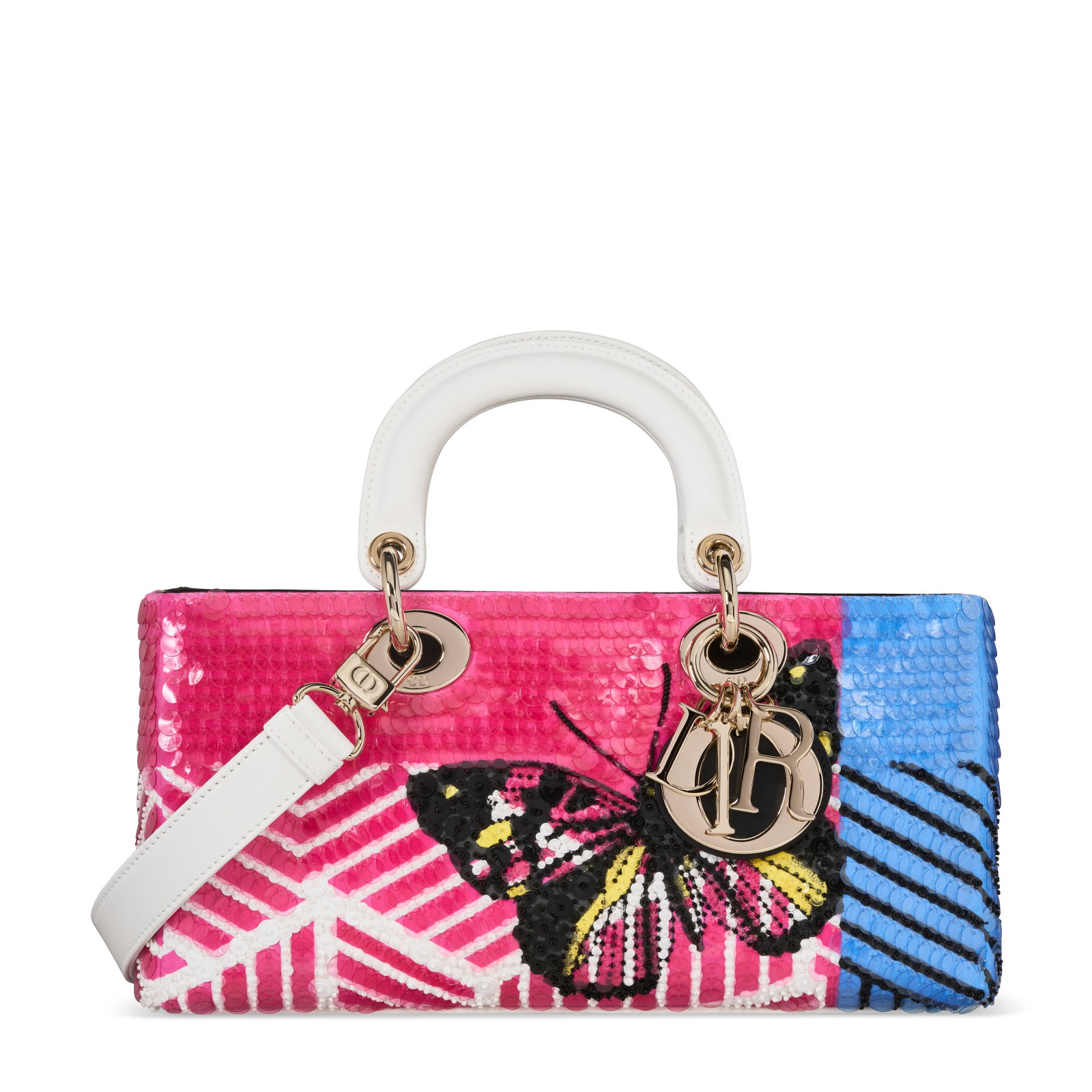 A PINK & BLUE SEQUIN AND WHITE CALFSKIN LEATHER BUTTERFLY LADY D-JOY WITH LIGHT GOLD HARDWARE DIOR, (1 of 1)