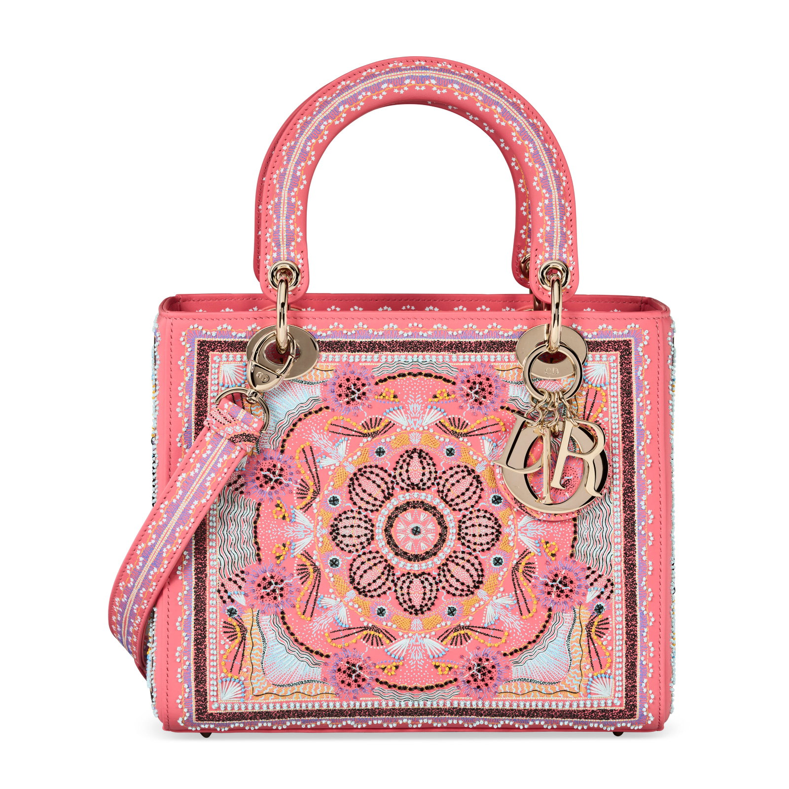 A FUCHSIA AND BLUE BEADED AND EMBROIDERED CALFSKIN LEATHER "IN LIGHTS" MEDIUM LADY DIOR WITH LIGHT: Details GRADE: 1.5 24 w x 21 h x 12 d cm Includes: shoulder strap, retail tag, authenticity card, care booklet and Christie's dustbag.