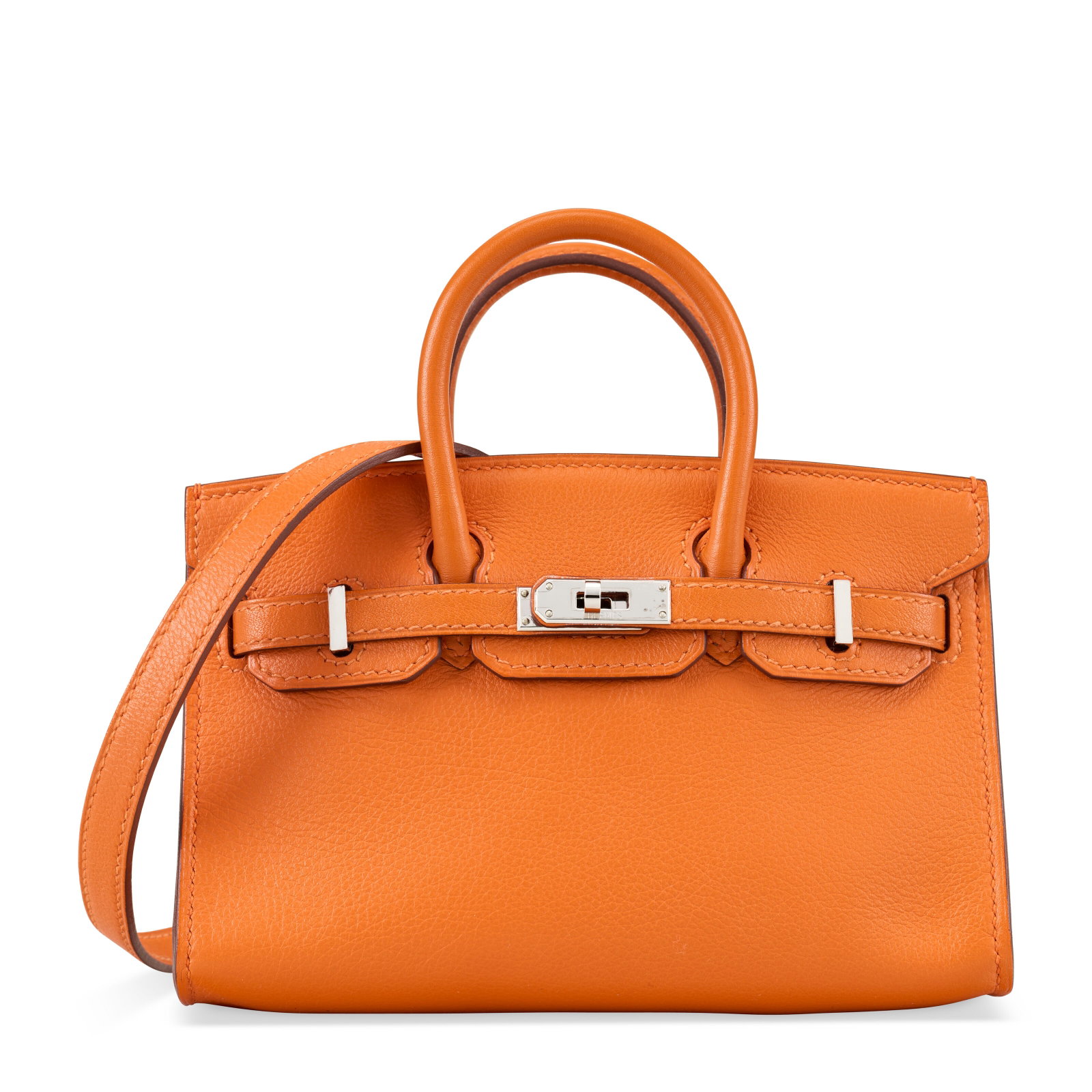 A LIMITED EDITION ORANGE H SWIFT LEATHER MICRO BIRKIN 15 WITH PALLADIUM HARDWARE HERMÈS, 2013: Details GRADE: 1 15 w x 10 h x 4 d cm Includes shoulder strap, small dust bag, dust bag, felt protector, care card, ribbon, and box.