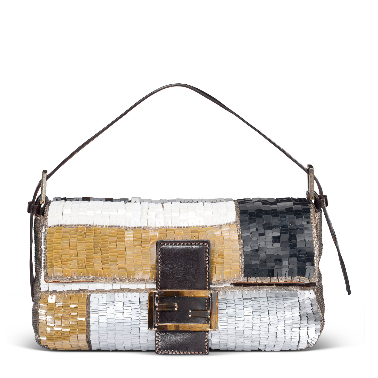 A METALLIC SILVER, BEIGE, BLACK & WHITE PATCHWORK SEQUIN BAGUETTE WITH TIGER EYE & STERLING SILVER (1 of 4)