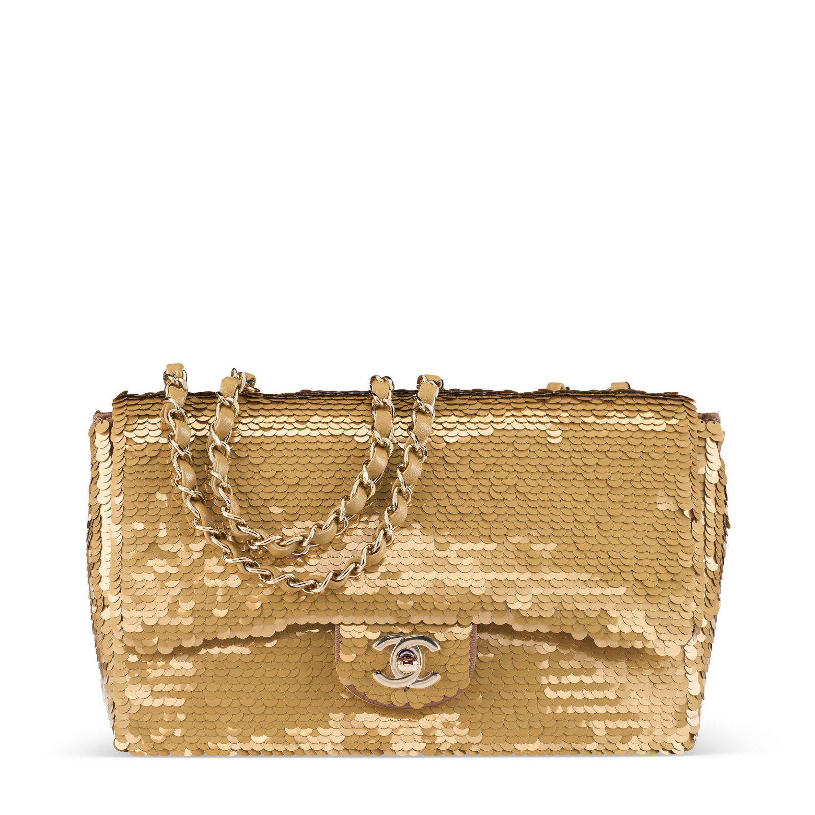 A GOLD PAILLETTES MEDIUM SINGLE FLAP WITH LIGHT GOLD HARDWARE CHANEL, 2019 (1 of 4)