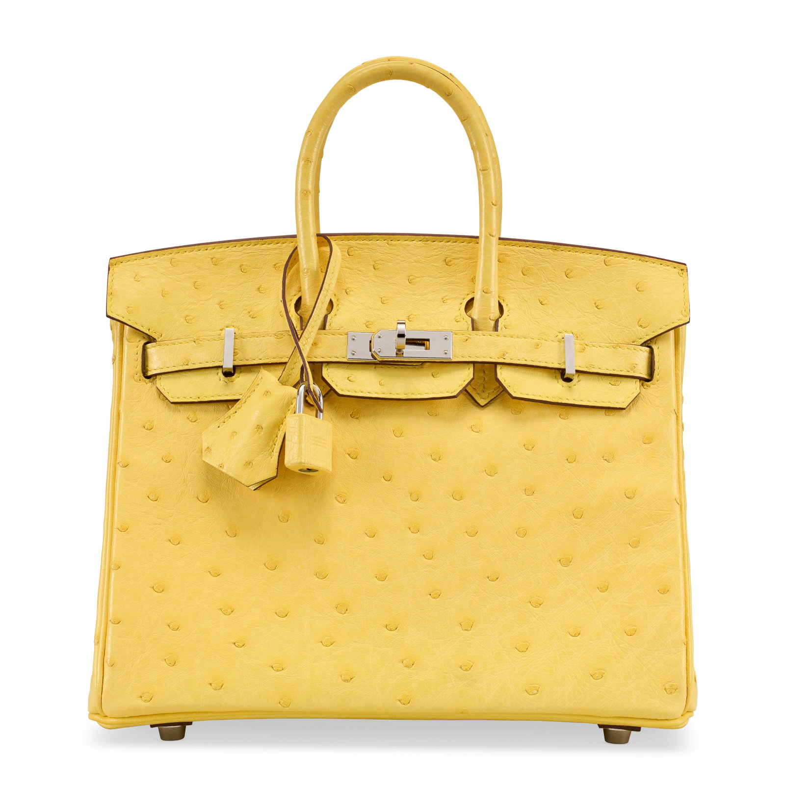 A JAUNE CITRON BOREAL SATINE OSTRICH BIRKIN 25 WITH PALLADIUM HARDWARE HERMÈS, 2022: Details GRADE: 2 25 w x 19 h x 14 d cm Includes lock, keys, clochette, small dust bag, dust bag, rain protector, and box. FURTHER DETAILS Struthio camelus, South African population, Non CITES