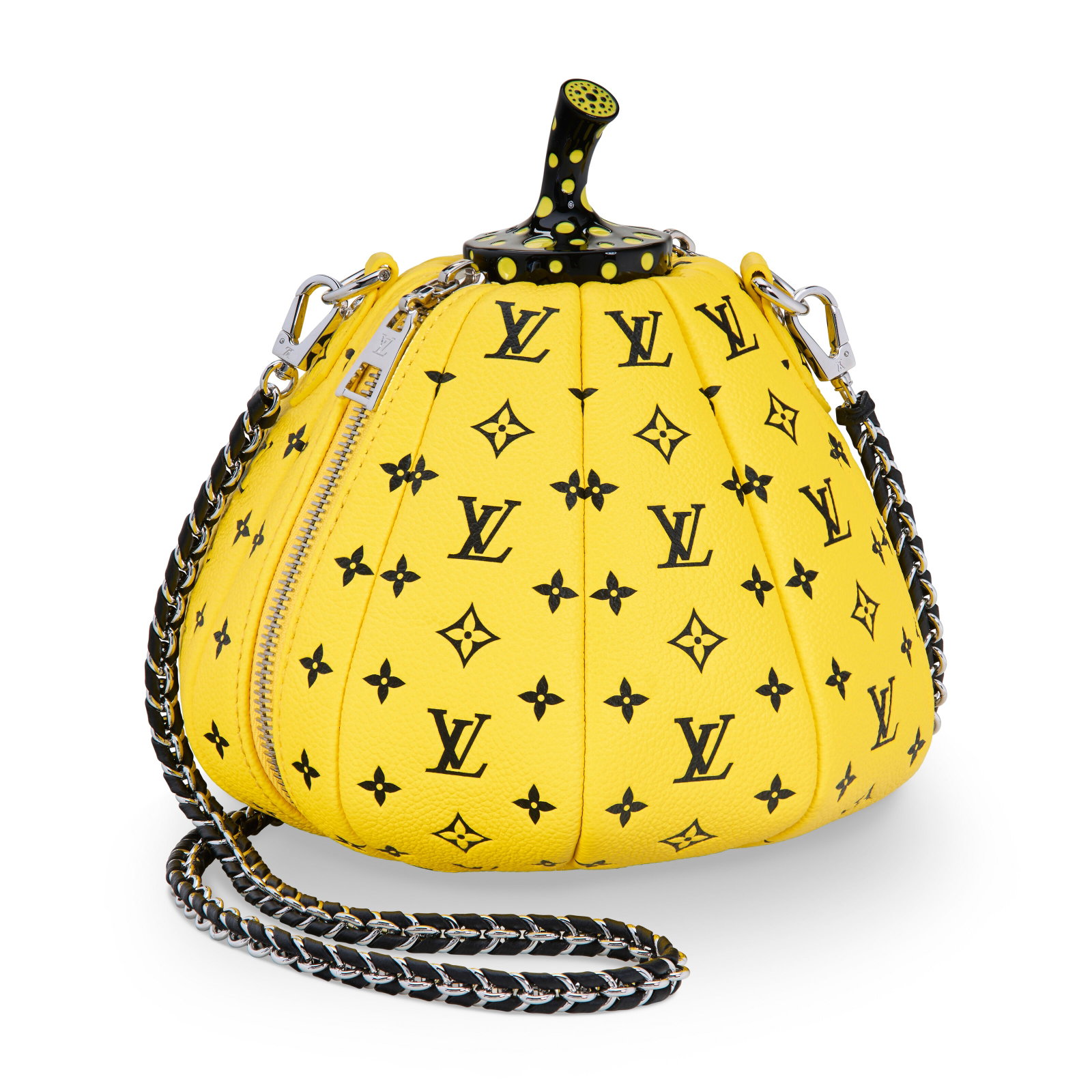 A LIMITED EDITION YELLOW & BLACK MONOGRAM LEATHER PUMPKIN BAG WITH SILVER HARDWARE BY YAYOI KUSAMA: Details GRADE: 1.5 18 w x 20 h x 20 d cm Includes shoulder strap and dust bag.