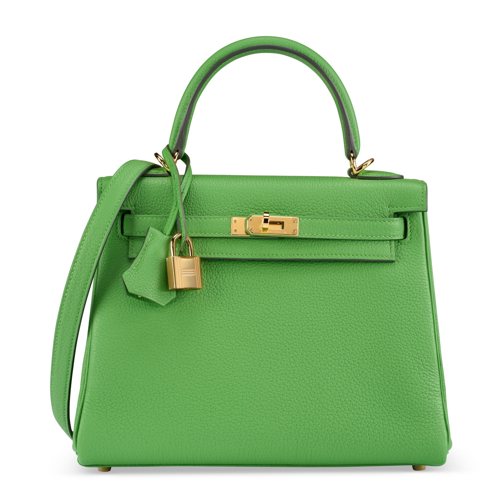 A VERT YUCCA TOGO LEATHER RETOURNÉ KELLY 25 WITH GOLD HARDWARE HERMÈS, 2024: Details GRADE: 1.5 25 w x 18 h x 9 d cm Includes lock, keys, clochette, shoulder strap, two small dust bags, dust bag, felt protector, care card, rain protector, ribbon, and box.