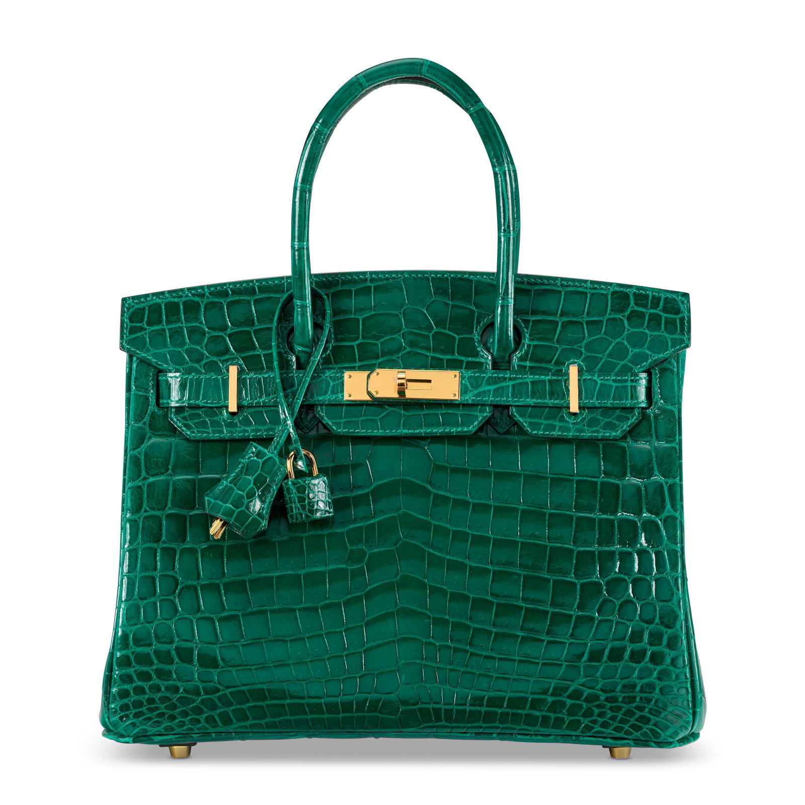 A SHINY VERT EMERAUDE NILOTICUS CROCODILE BIRKIN 30 WITH GOLD HARDWARE HERMÈS, 2019: Details GRADE: 2 30 w x 22 h x 15 d cm Includes lock, keys, clochette, small dust bag, dust bag, felt protector, care card, rain protector, and box. FURTHER DETAILS ~CITES Notice Crocodylus niloticus,
