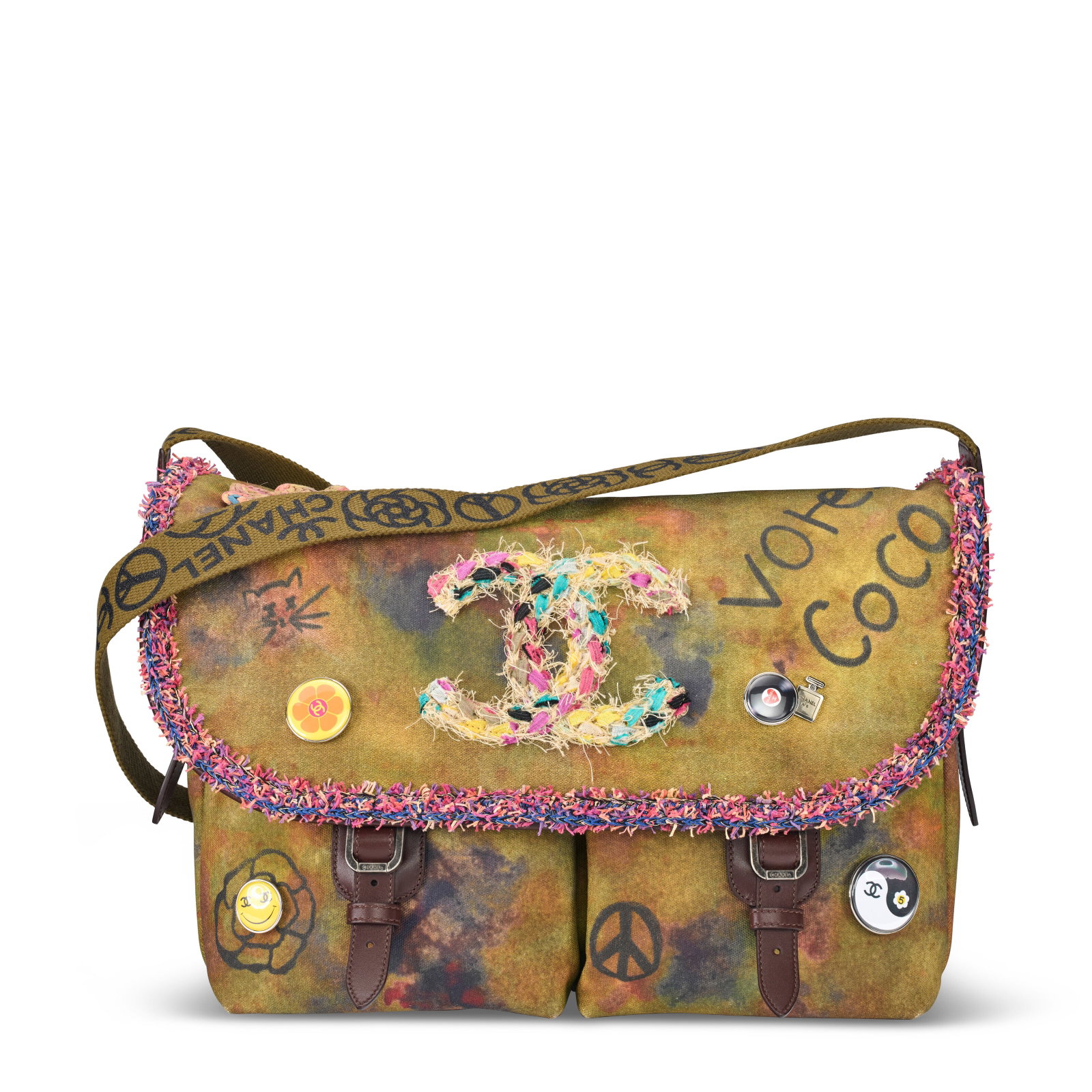 A RUNWAY FEMINIST PROTEST GRAFFITI CANVAS MESSENGER BAG WITH DISTRESSED SILVER HARDWARE CHANEL,: Details GRADE: 1.5 35 w x 25 h x 15 d cm Includes authenticity card and dust bag.