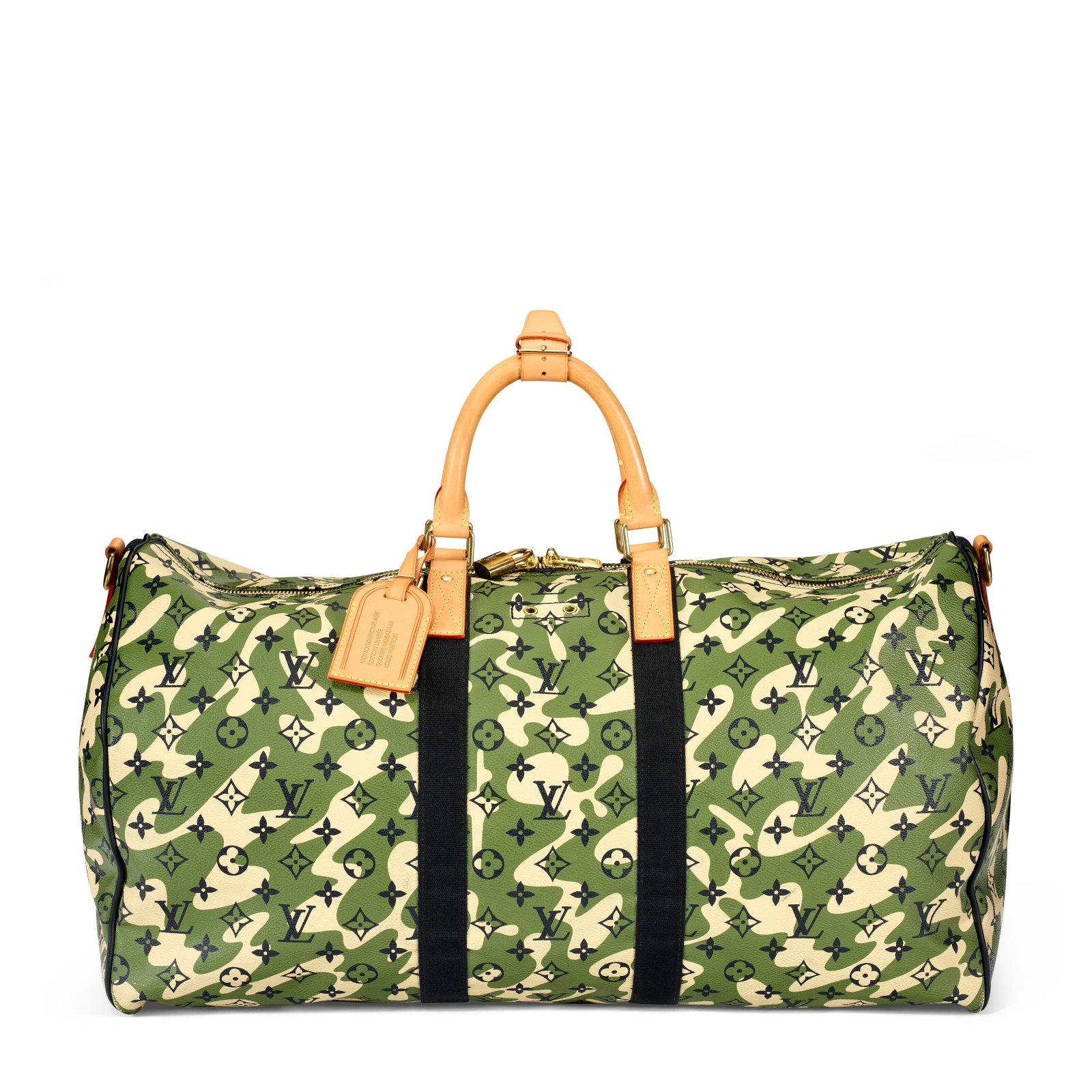 A LIMITED EDITION GREEN & BLACK MONOGRAMOUFLAGE COATED CANVAS KEEPALL BANDOULIÈRE 55 BY TAKASHI: Details GRADE: 2.5 55 w x 31 h x 26 d cm Includes luggage tag featuring a signature by Takashi Murakami.