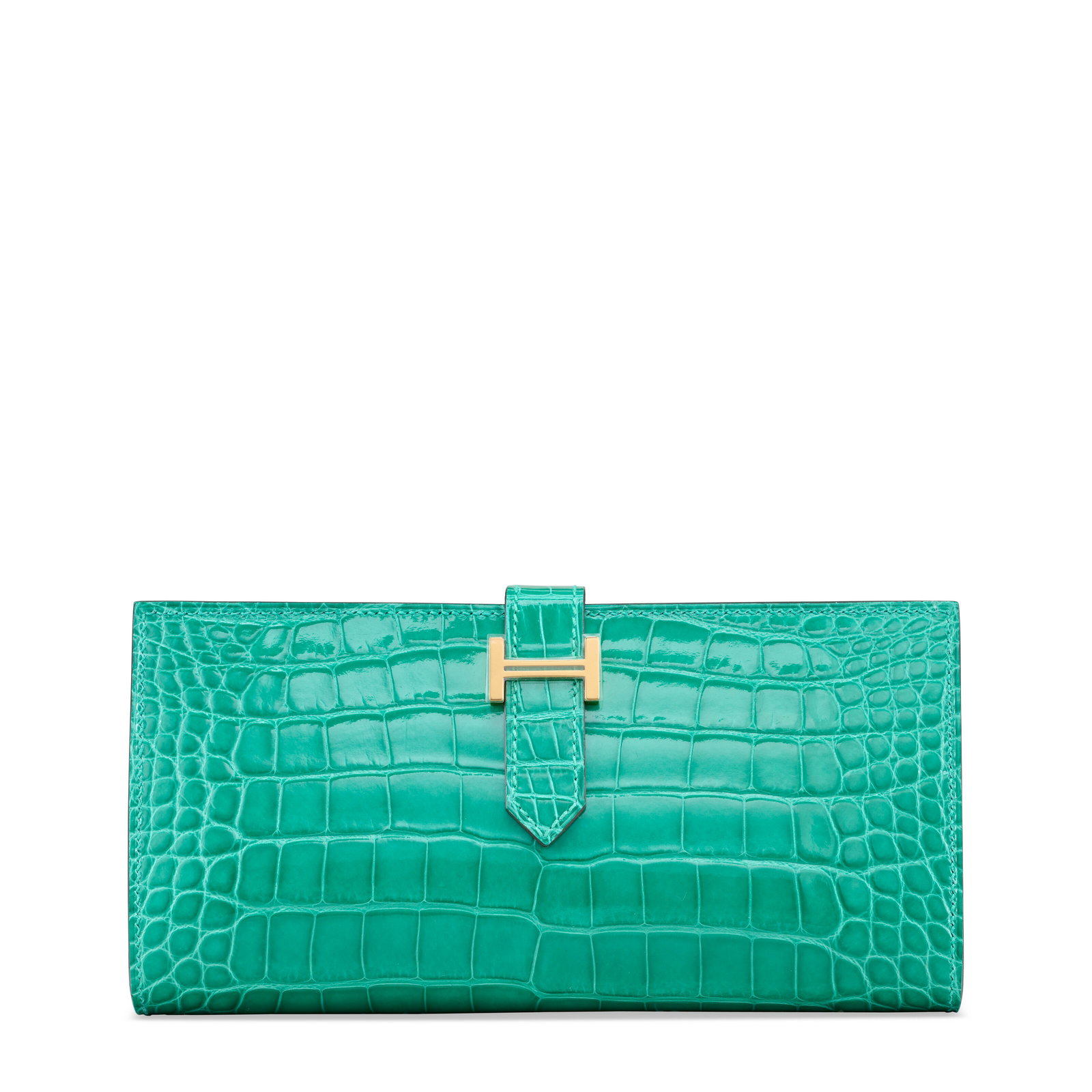 A SHINY VERT JADE ALLIGATOR BEARN WALLET WITH GOLD HARDWARE HERMÈS, 2025: Details GRADE: 1 17 w x 9 h x 3 d cm Includes felt protector and box. FURTHER DETAILS ~CITES Notice Alligator Mississippiensis, Annexe CITES II-B This lot must either be shipped to its final destinati