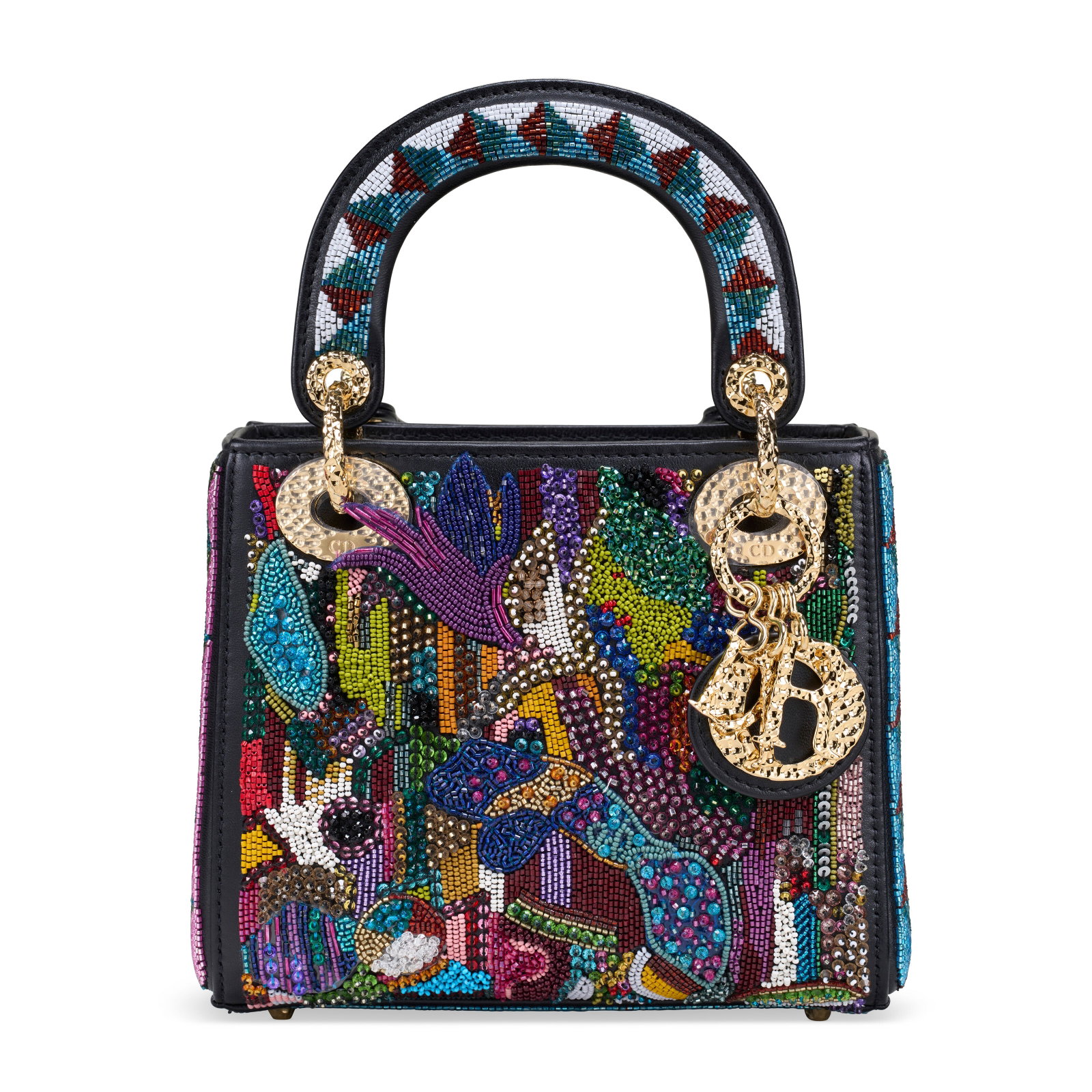 A LIMITED EDITION MULTICOLOR BEADED LADY ART 5 MINI LADY DIOR WITH GOLD HARDWARE BY OLGA TITUS DIOR, (1 of 4)