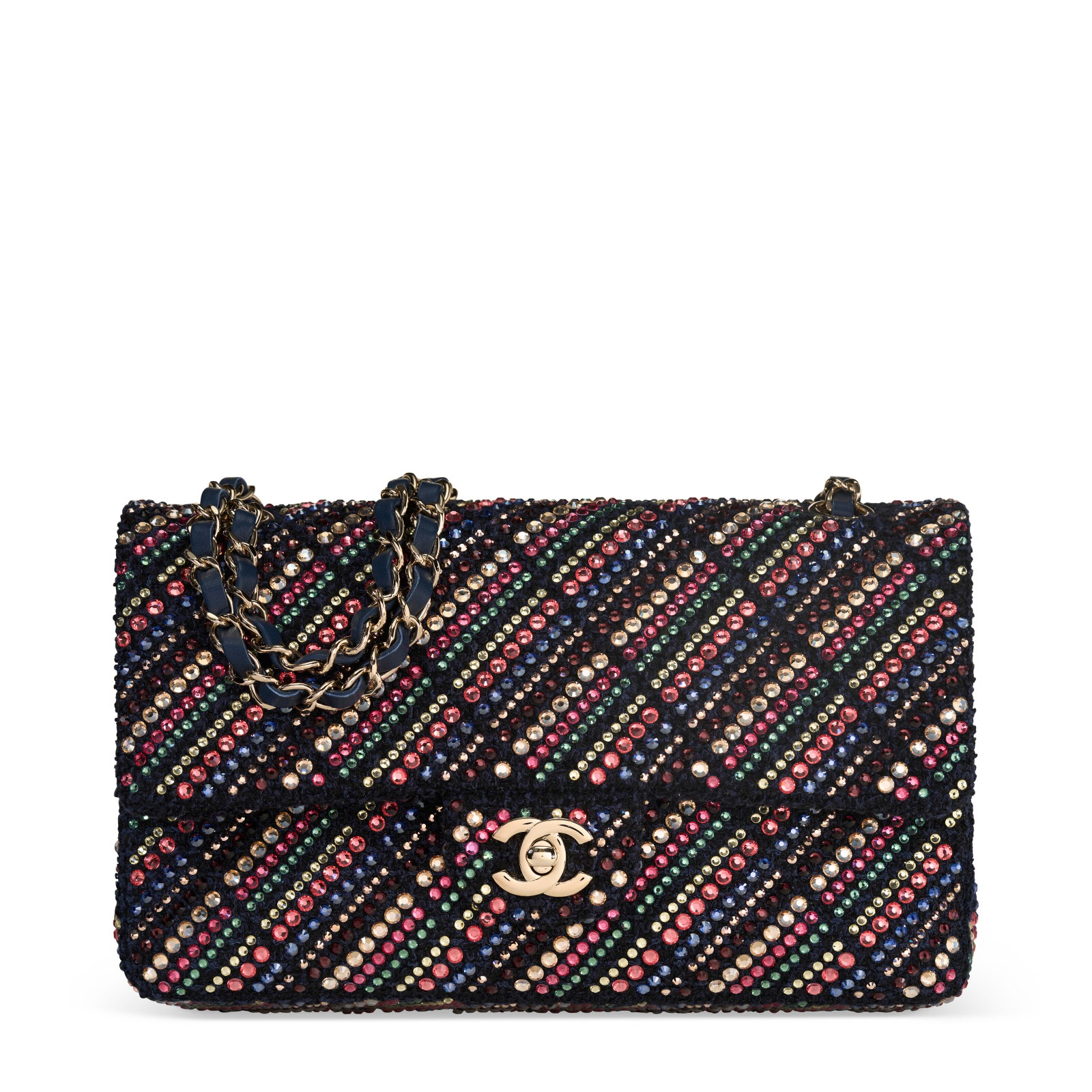 A MULTICOLOR STRASS CRYSTAL AND NAVY TWEED CLASSIC MEDIUM DOUBLE FLAP WITH GOLD HARDWARE CHANEL,: Details GRADE: 1.5 Includes retail tag, authenticity card and Christie's dustbag.