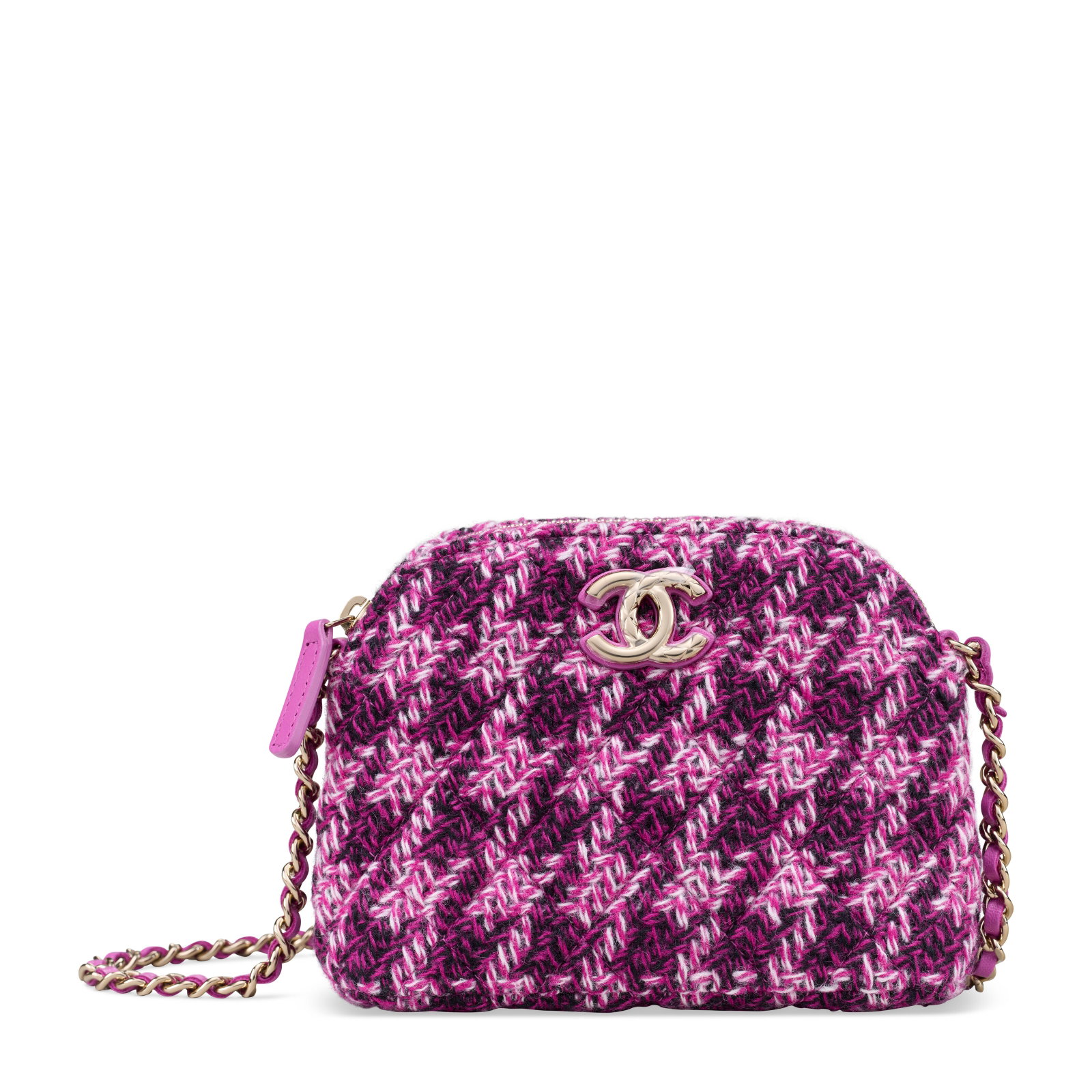 A PINK QUILTED HOUNDSTOOTH TWEED MINI CLUTCH WITH CHAIN WITH LIGHT GOLD HARDWARE CHANEL, CIRCA 2020S: Details GRADE: 1 15 w x 12 h x 4 d cm Includes dust bag, ribbon, and box. Features an interior tag noting 'With Compliments of Chanel'
