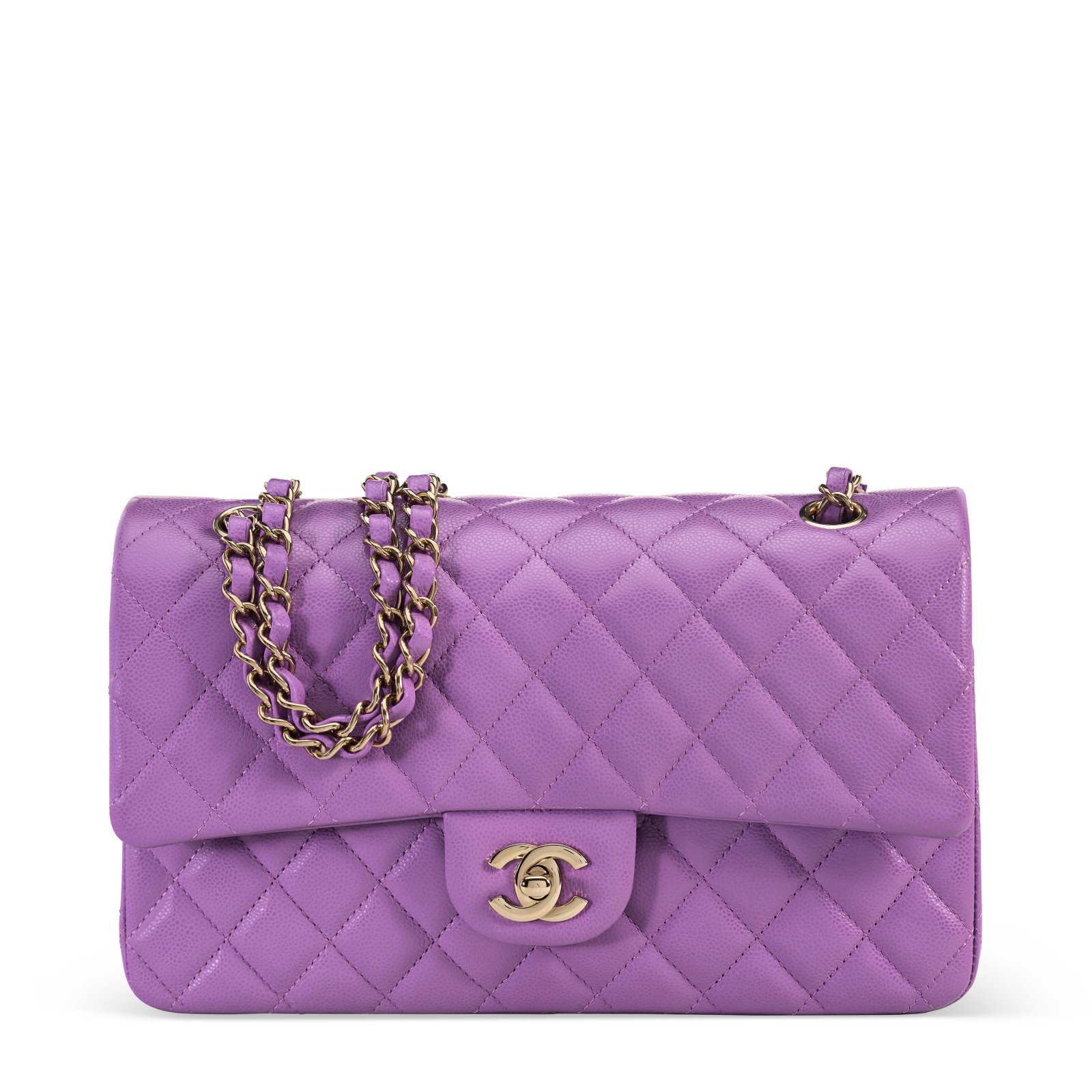 A VIOLET QUILTED CAVIAR LEATHER MEDIUM CLASSIC DOUBLE FLAP WITH LIGHT GOLD HARDWARE Chanel, 2024: Details GRADE: 1.5 26 w x 14 h x 7 d cm Includes retail tag, felt protector and Christie's dustbag.