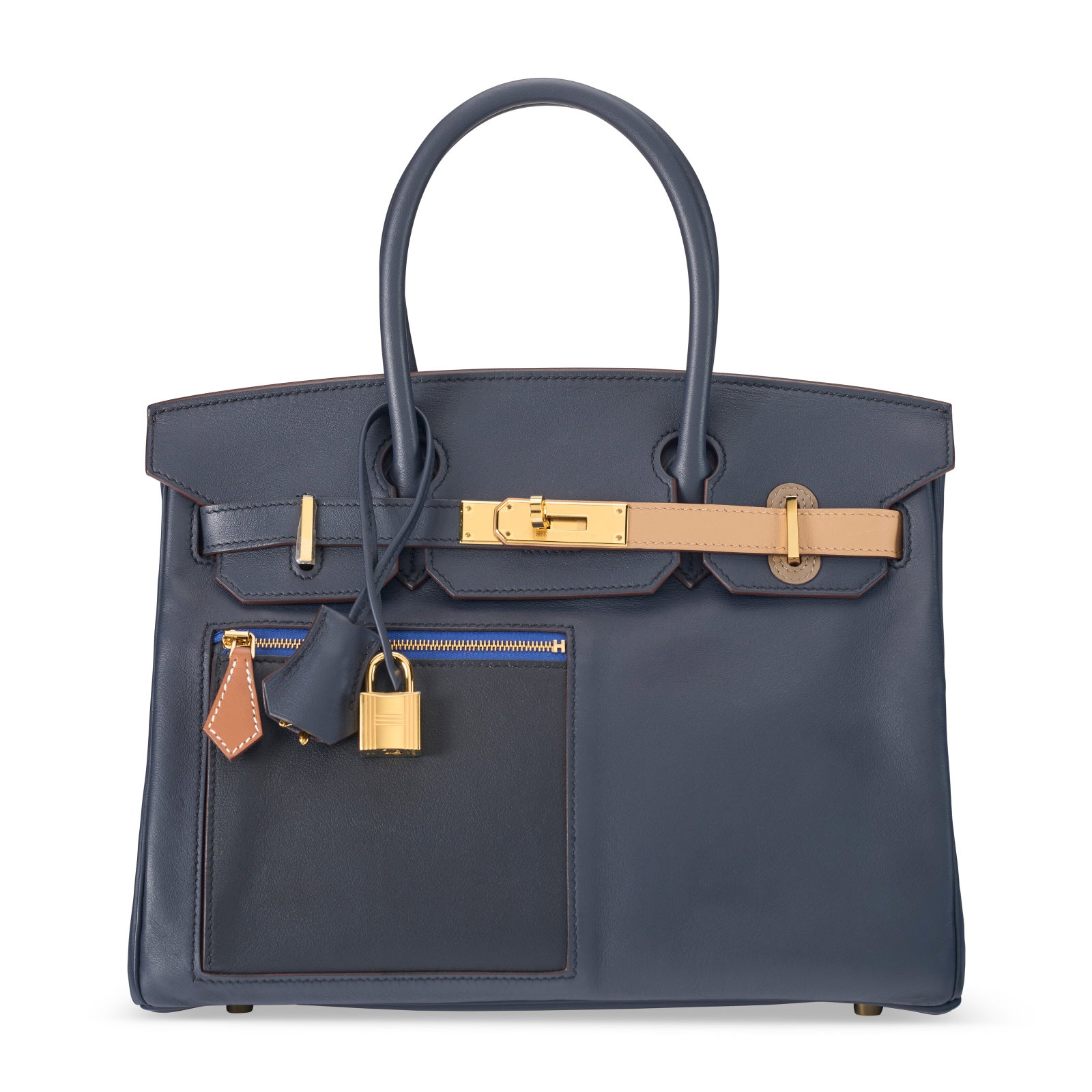 A LIMITED EDITION BLEU, NOIR, CHAI, ETOUPE & GOLD SWIFT LEATHER COLORMATIC BIRKIN 30 WITH GOLD: Details GRADE: 2 30 w x 22 h x 15 d cm Includes lock, keys, clochette, small dust bag, care card, rain protector and Christie's dustbag.