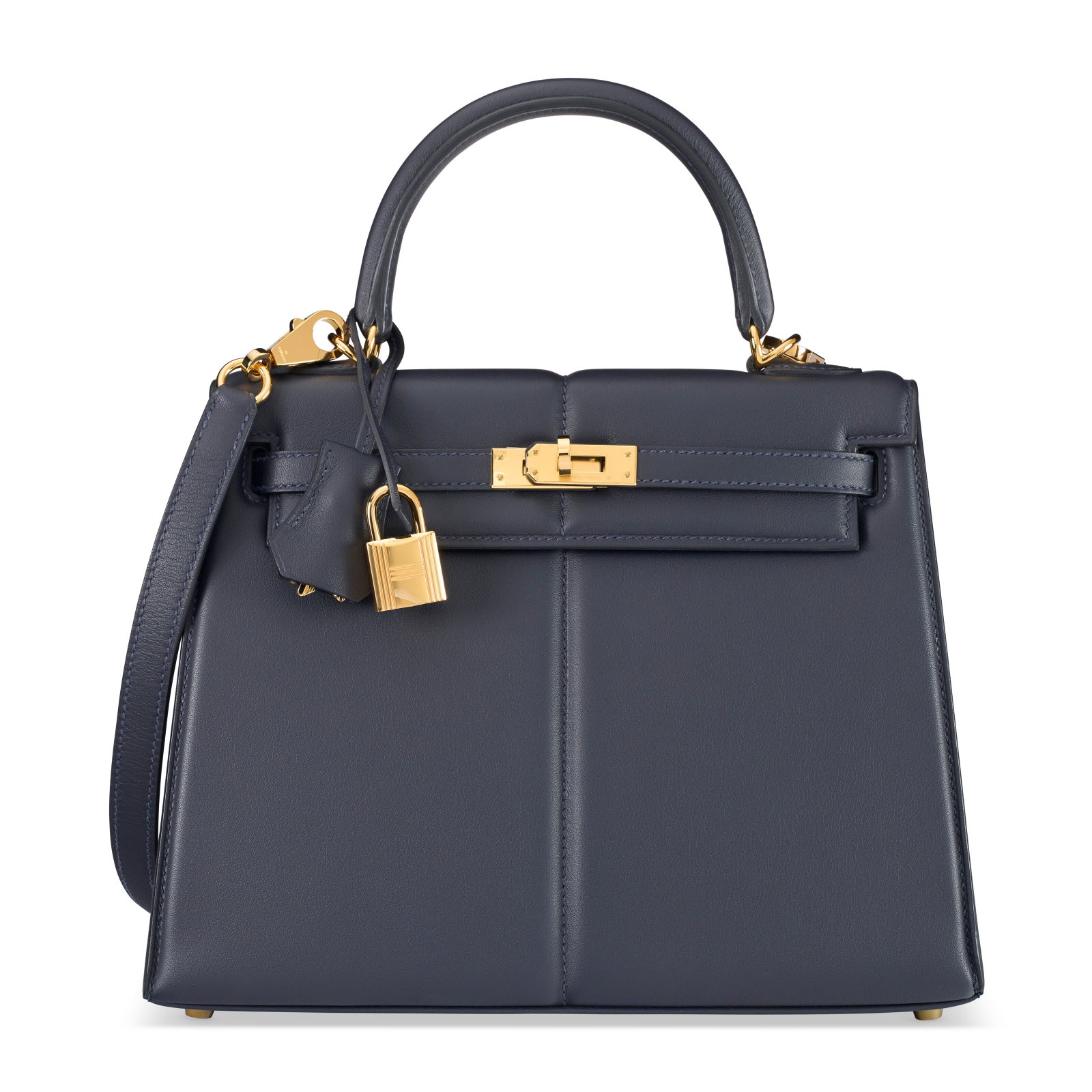 A LIMITED EDITION BLEU MARINE SWIFT LEATHER PADDED SELLIER KELLY 25 WITH GOLD HARDWARE HERMÈS,: Details GRADE: 1.5 25 w x 19 h x 9.5 d cm Includes lock, keys, clochette, shoulder strap, two small dust bags, dust bag and felt protector.