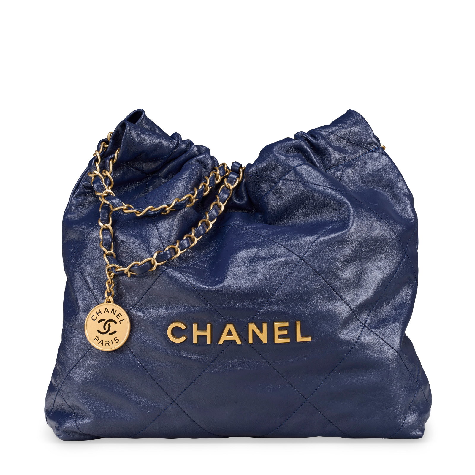 A NAVY QUILTED CALFSKIN LEATHER SMALL 22 HOBO WITH ANTIQUED GOLD HARDWARE CHANEL, SPRING 2022: Details GRADE: 2 35 x 29 x 8 d cm Includes detachable pouch and dust bag.
