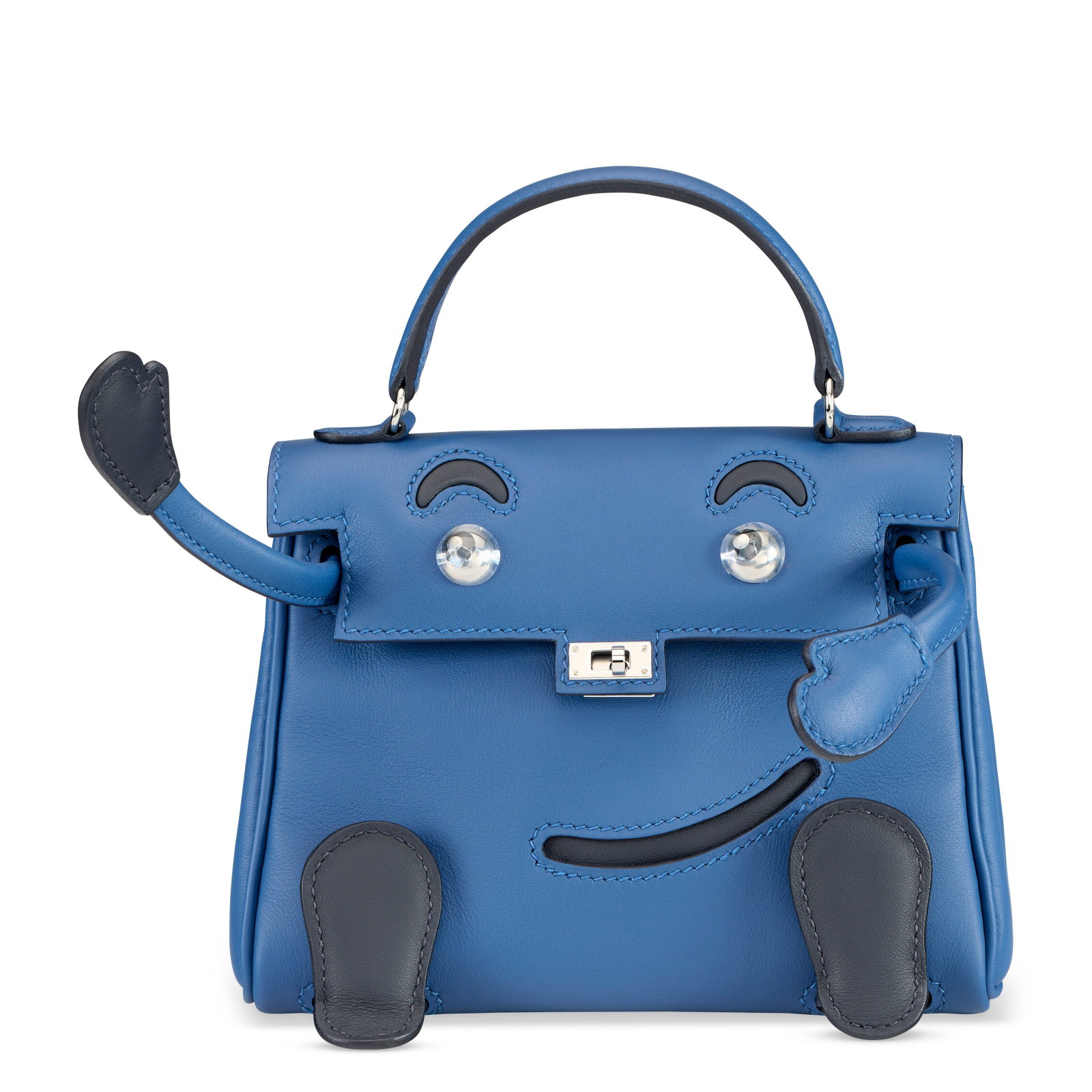A LIMITED EDITION BLEU TIE & CABAN SWIFT LEATHER QUELLE IDOLE KELLY DOLL WITH PALLADIUM HARDWARE: Details GRADE: 1.5 16 w x 12.5 h x 7 d cm Includes dust bag and limited edition blue box.