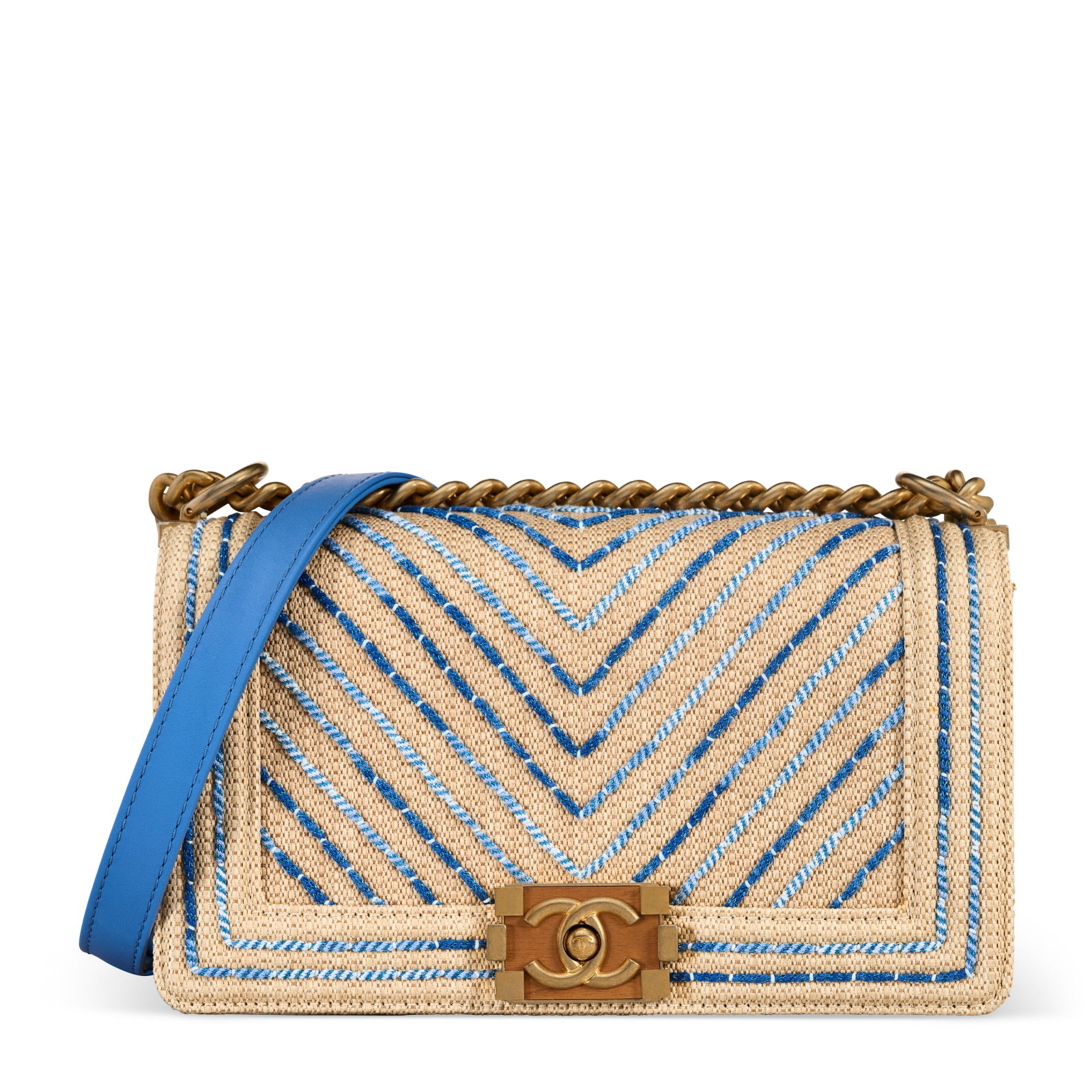 A BEIGE & BLUE RAFFIA CHEVRON CANVAS MEDIUM BOY BAG WITH WOOD & GOLD HARDWARE CHANEL, 2019: Details GRADE: 1.5 25 w x 14.5 h x 9 d cm Includes authenticity card and Christie's dustbag