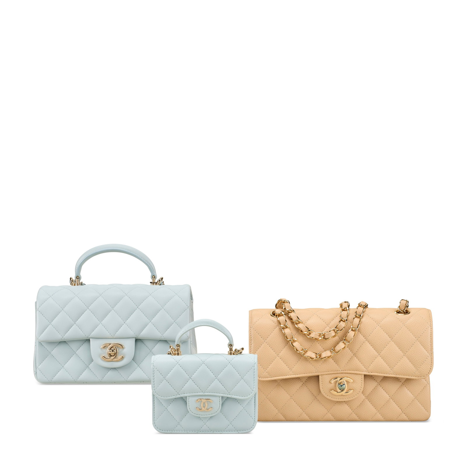 A SET OF THREE: A BEIGE QUILTED CAVIAR LEATHER CLASSIC SMALL DOUBLE FLAP BAG WITH GOLD HARDWARE, A: Details GRADE: 1.5 Classic Flap Bag: 23 w x 14 h x 7 d cm Timeless Top Handle: 19 w x 11.25 h x 7 d cm Coin Purse: 12 w x 9 h x 2.5 d cm Classic Flap Bag: Includes dust bag, felt protector, care card,