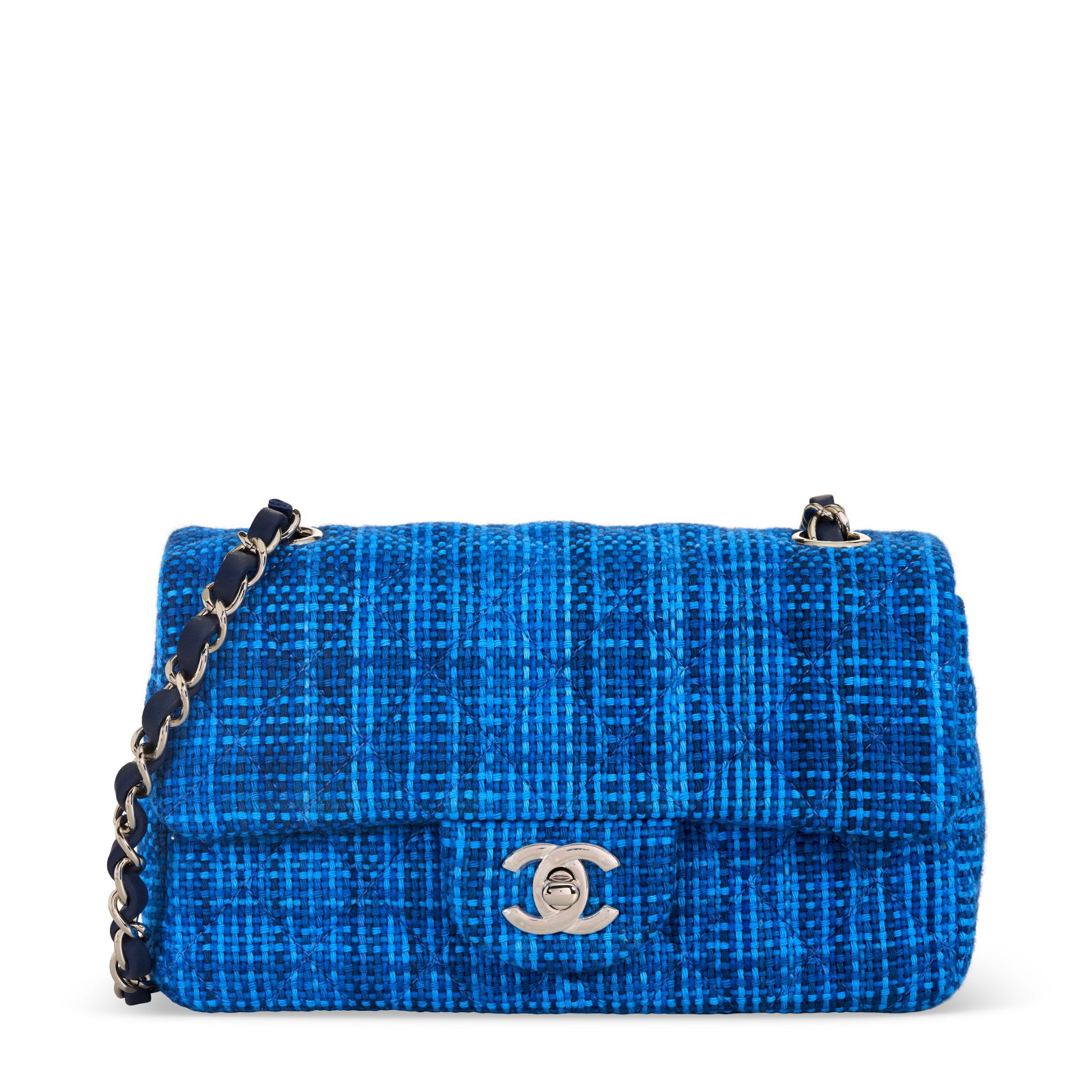 A BLUE WOVEN QUILTED CANVAS MINI FLAP BAG WITH SILVER HARDWARE CHANEL, 2020: Details GRADE: 1 20 w x 11 h x 7 d cm Includes retail tag, authenticity card, and Christie's dustbag.