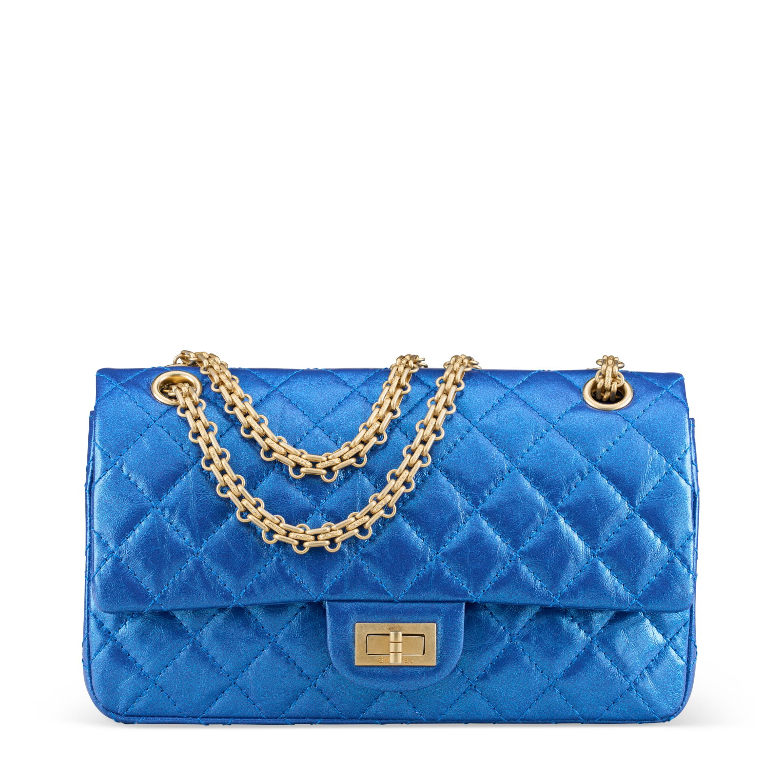 A METALLIC BLUE QUILTED CRUMPLED CALFSKIN LEATHER 226 REISSUE DOUBLE FLAP WITH GOLD HARDWARE CHANEL,: Details GRADE: 1.5 24 w x 12 h x 7d cm Includes authenticity card and Christie's dustbag.