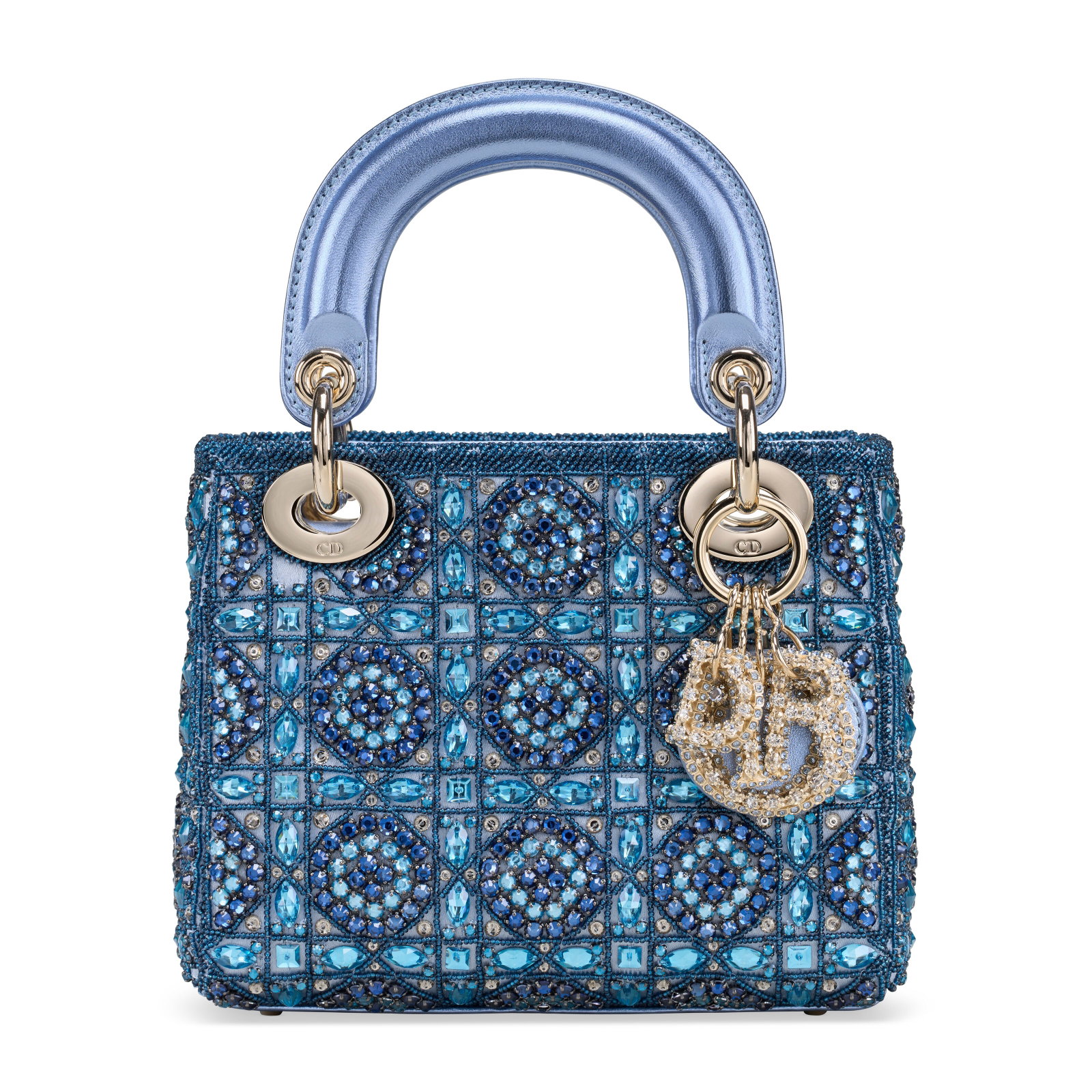 A METALLIC BLUE LAMBSKIN LEATHER AND STRASS CRYSTAL & BEADED SATIN CANAGE MINI LADY DIOR WITH LIGHT: Details GRADE: 1.5 17 w x 15 h x 5 w cm Includes shoulder strap, authenticity card and Christie's dustbag.