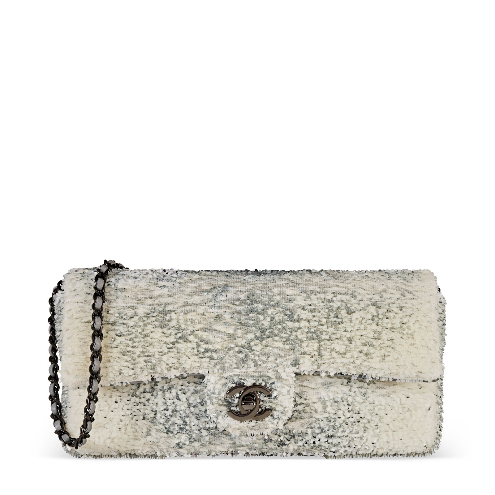 AN OMBRÉ SILVER SEQUIN EAST WEST FLAP WITH GUNMETAL HARDWARE CHANEL, 2019: Details GRADE: 1.5 24 w x 12 h x 5 d cm Includes authenticity card and Christie's dustbag.