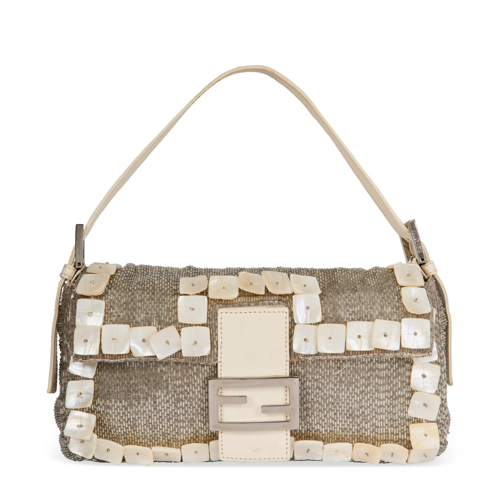 A GREY BEADED & MOTHER OF PEARL EMBROIDERED BAGUETTE WITH SILVER HARDWARE FENDI, CIRCA 2000S: Details GRADE: 4.5 25 w x 12 h x 5 d cm Includes Christie's dust bag.