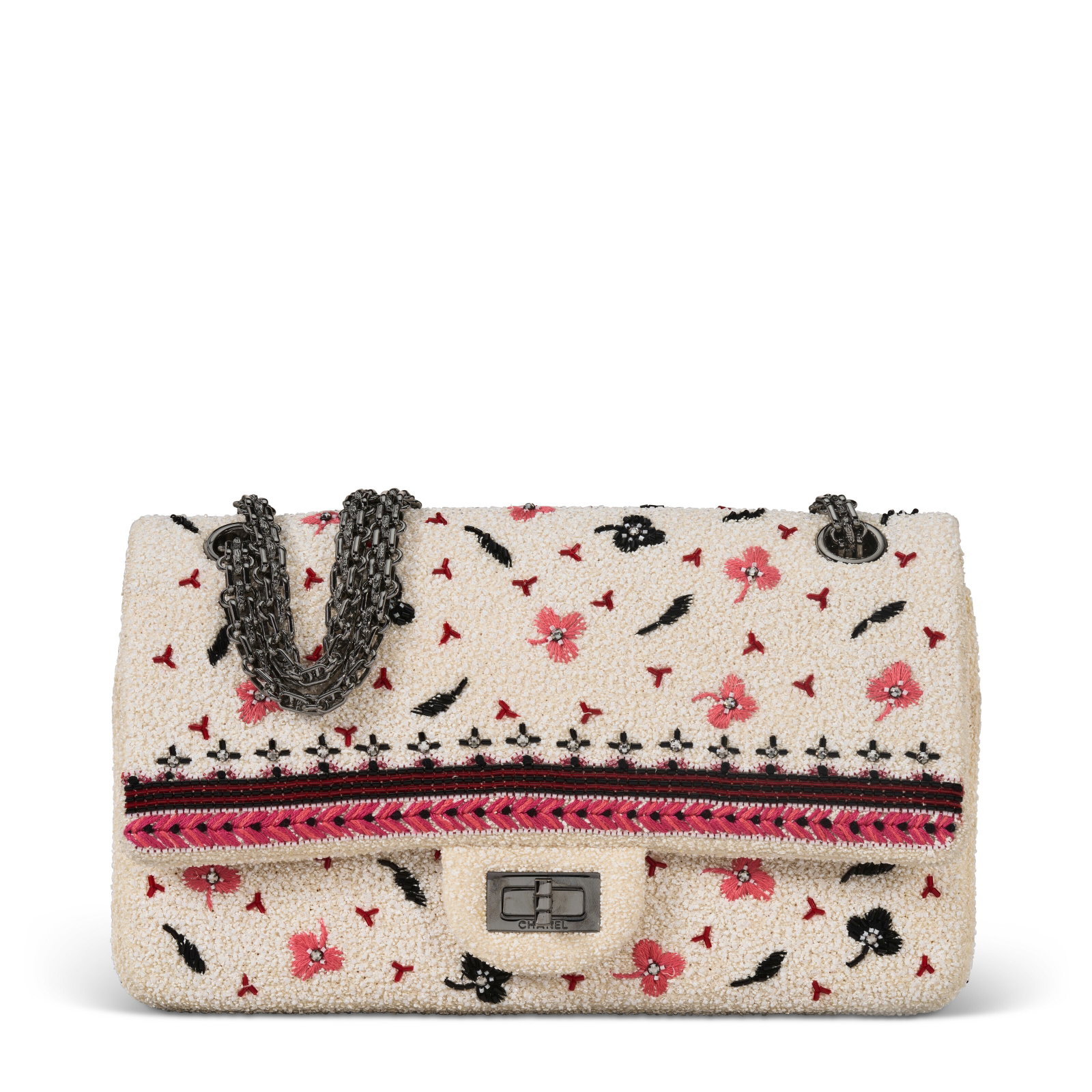 A CREAM PINK AND BLACK BEADED AND EMBROIDERED BOUCLE 226 REISSUE DOUBLE FLAP WITH GUNMETAL HARDWARE: Details GRADE: 2 26 w x 14 h x 7 d cm Includes authenticity card and Christie's dustbag.