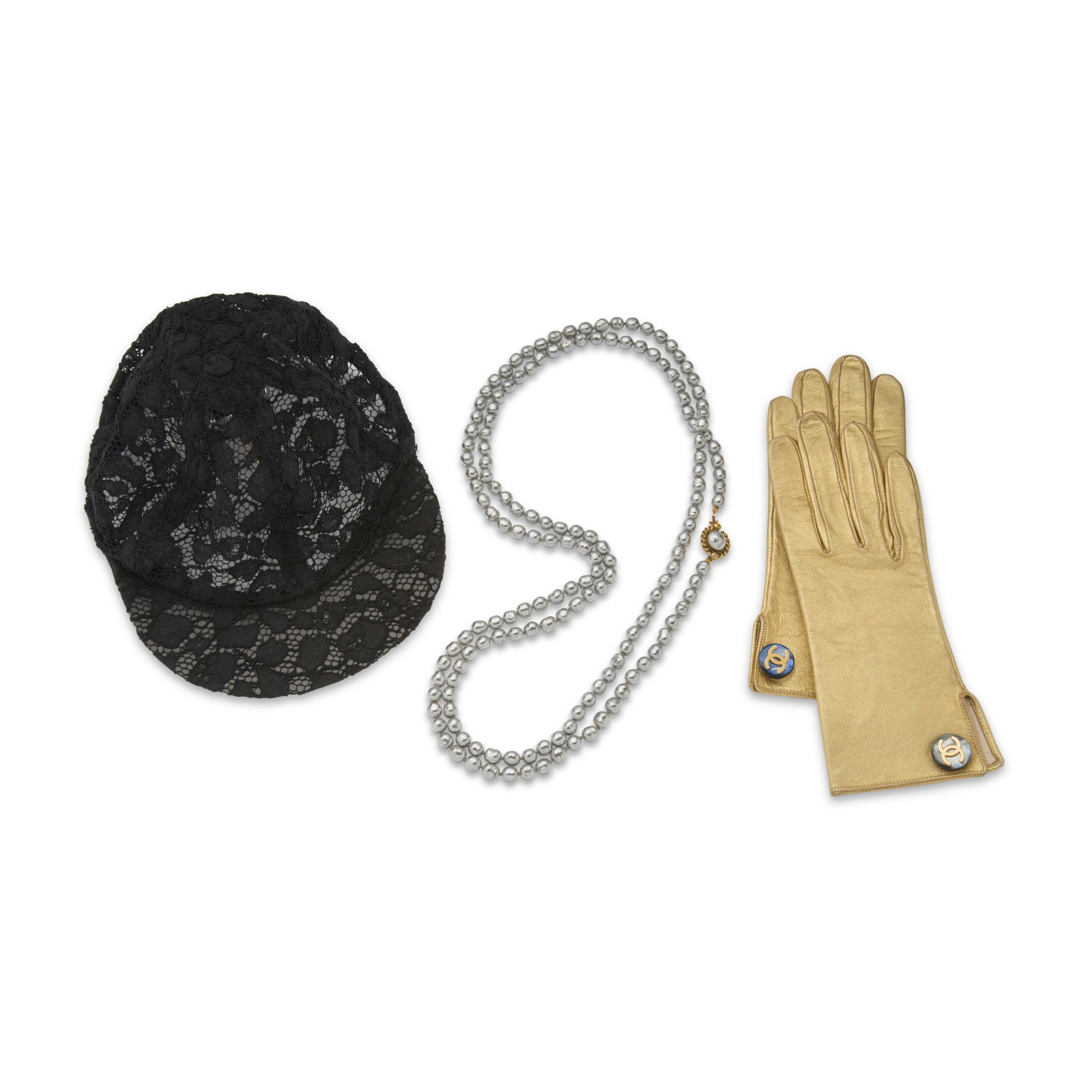 A SET OF THREE: A BLACK LACE CAP, METALLIC GOLD LEATHER CC GLOVES & A GREY FAUX PEARL NECKLACE (1 of 1)