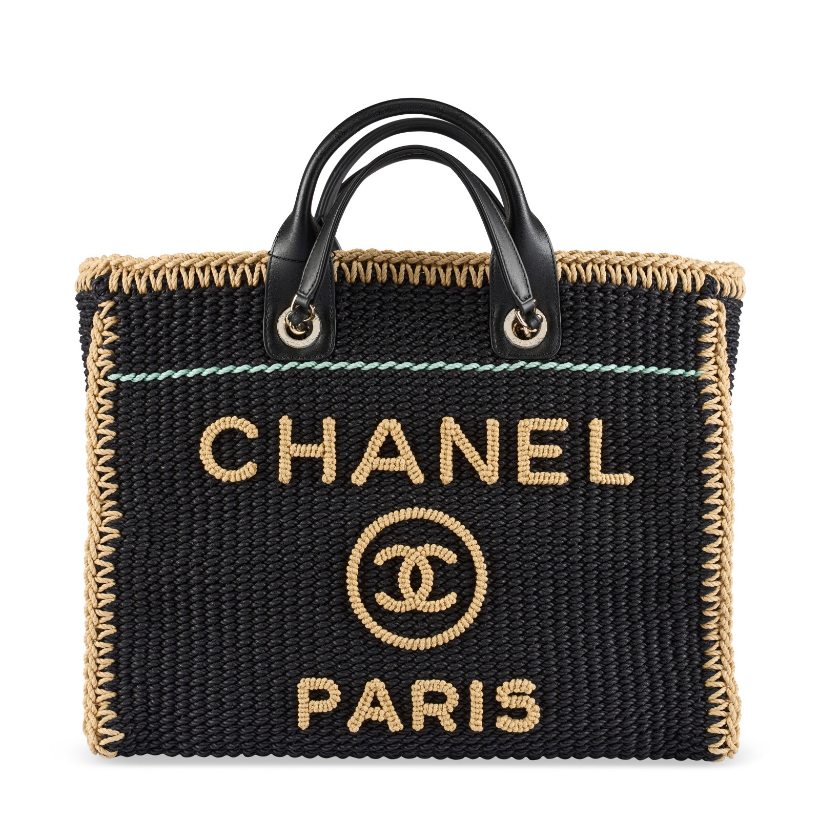 A BLACK & NATURAL BRAIDED RAFFIA MEDIUM DEAUVILLE SHOPPING TOTE WITH LIGHT GOLD HARDWARE CHANEL,: Details GRADE: 1 36 w x 19 h x 26 d cm Includes Christie's dust bag.
