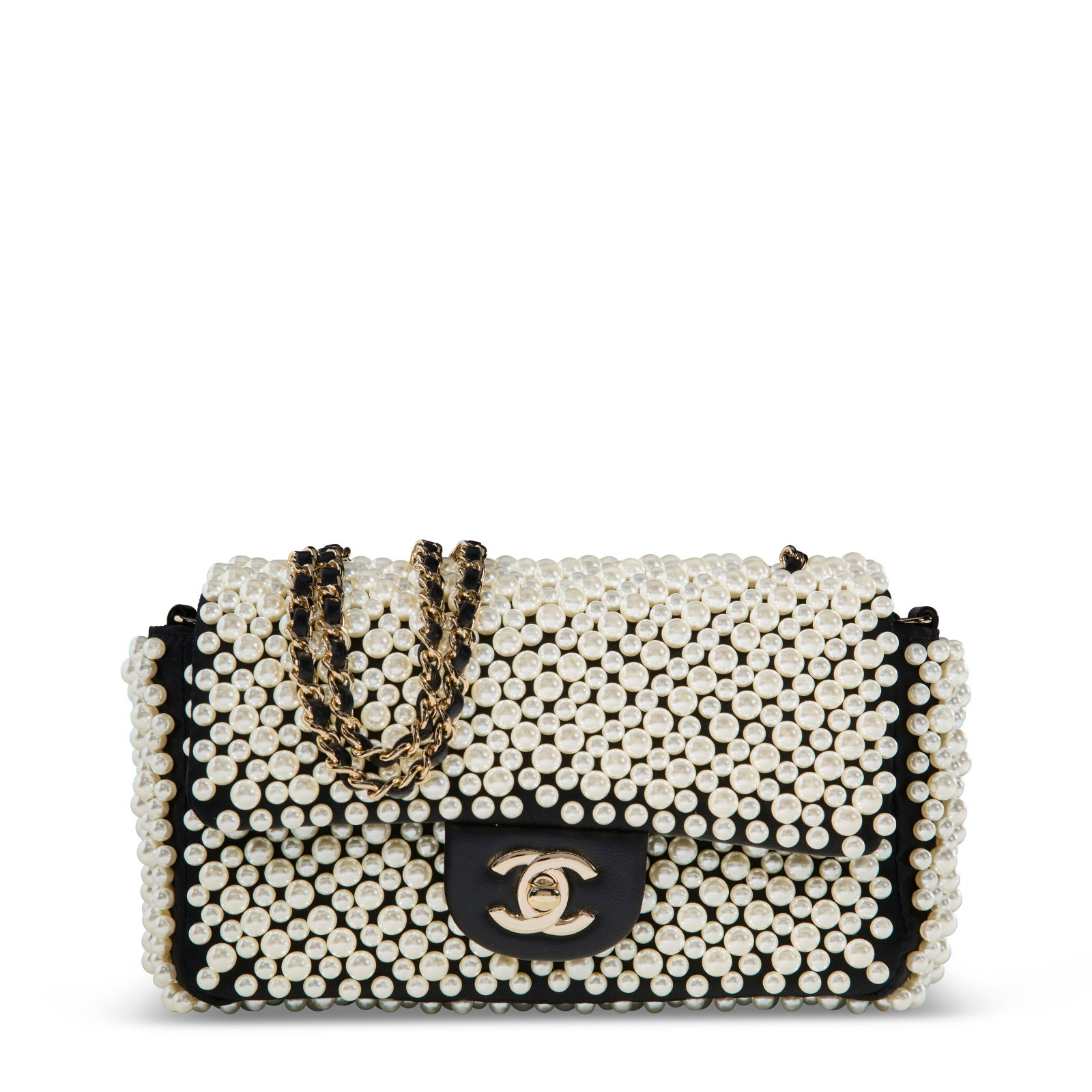 A BLACK & WHITE FAUX PEARL EMBELLISHED SATIN AND LAMBSKIN LEATHER PEARL ON FLAP WITH GOLD HARDWARE: Details GRADE: 2 20 w x 12 h x 6 d cm Includes authenticity card, dust bag, and care card.